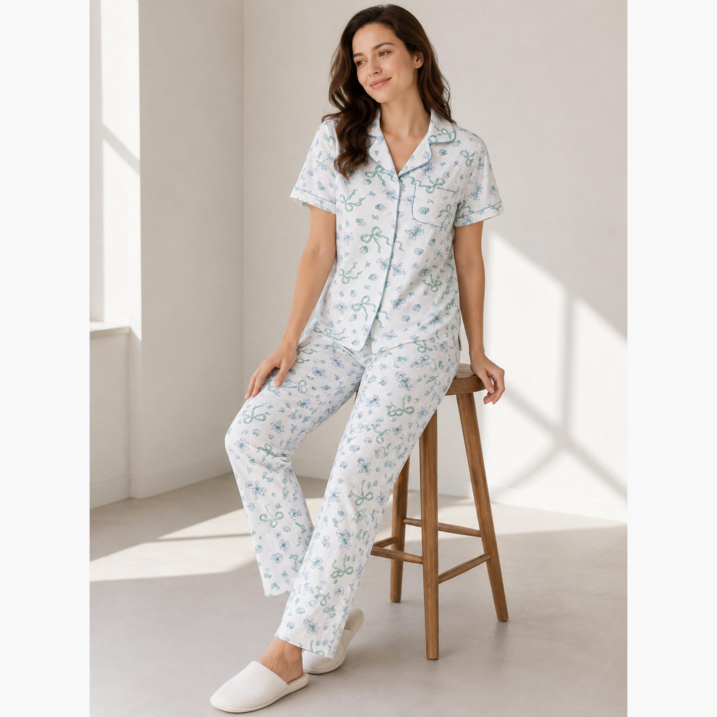 طقم بيجاما من بنطال وقميص قطن بطبعة فيونكة-women-clothing-nightwear-pyjamas-longsets-image-2