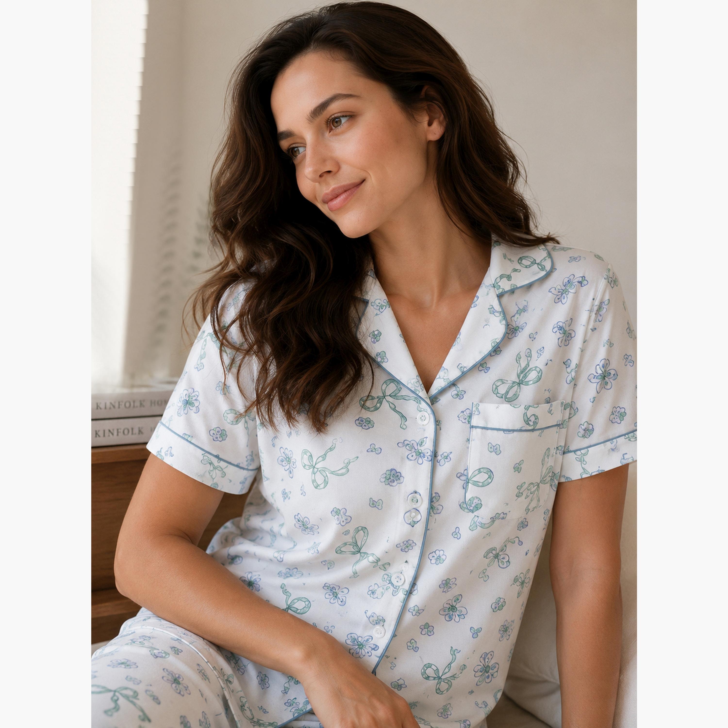 طقم بيجاما من بنطال وقميص قطن بطبعة فيونكة-women-clothing-nightwear-pyjamas-longsets-image-3