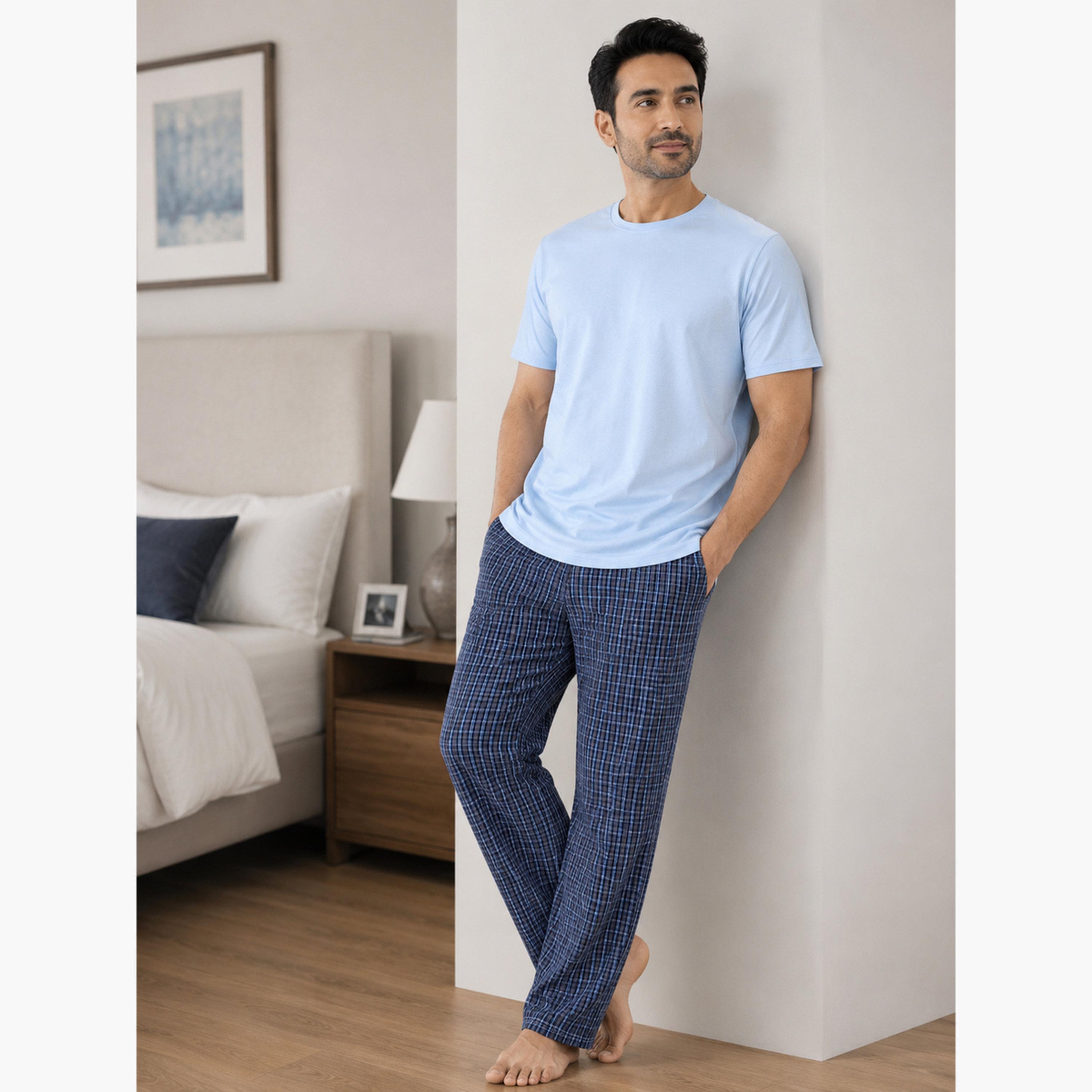Victor and Jane X Styli Men Solid Cotton T-Shirt and Checked Pyjama Set-men-clothing-nightwear-sets-image-1