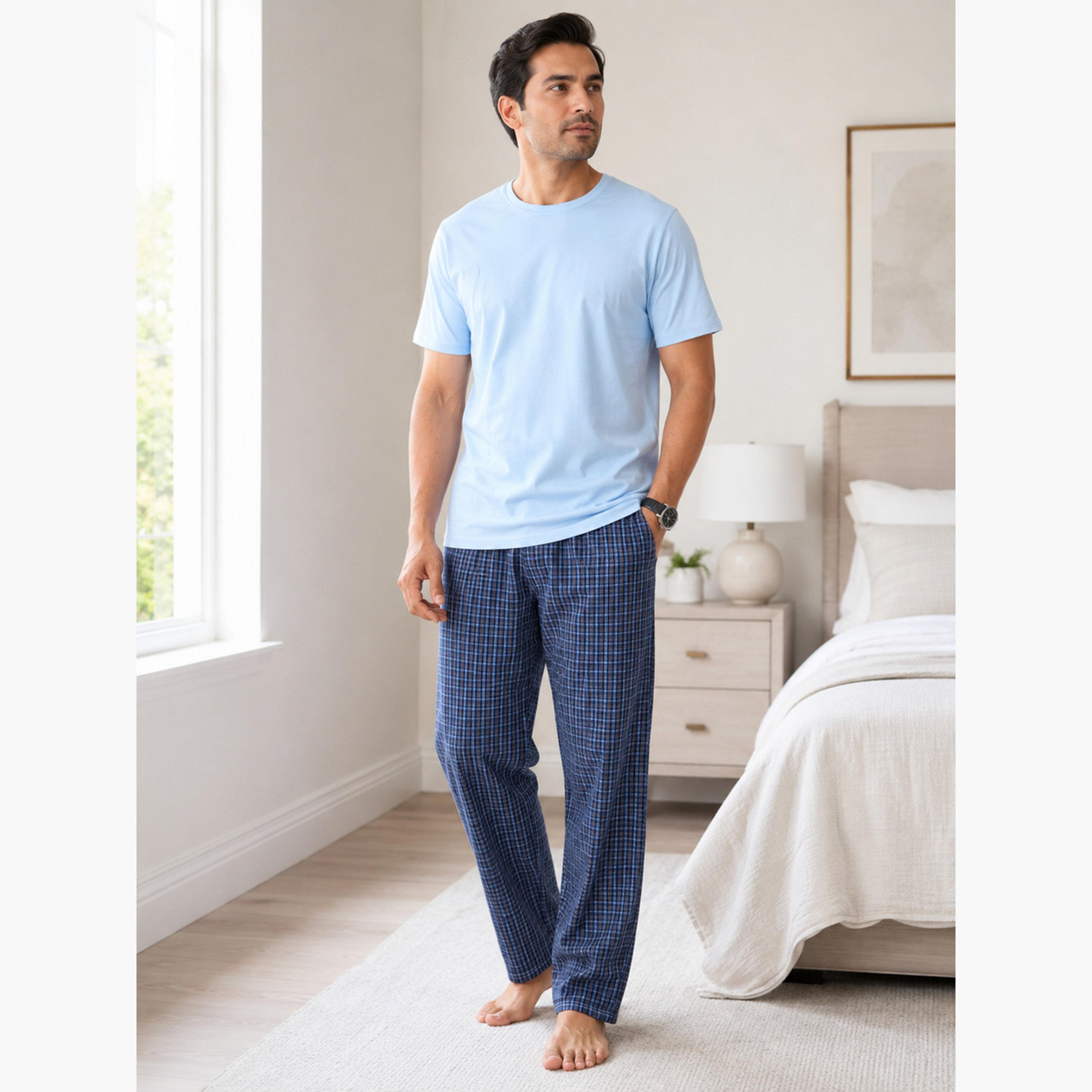 Victor and Jane X Styli Men Solid Cotton T-Shirt and Checked Pyjama Set-men-clothing-nightwear-sets-image-2