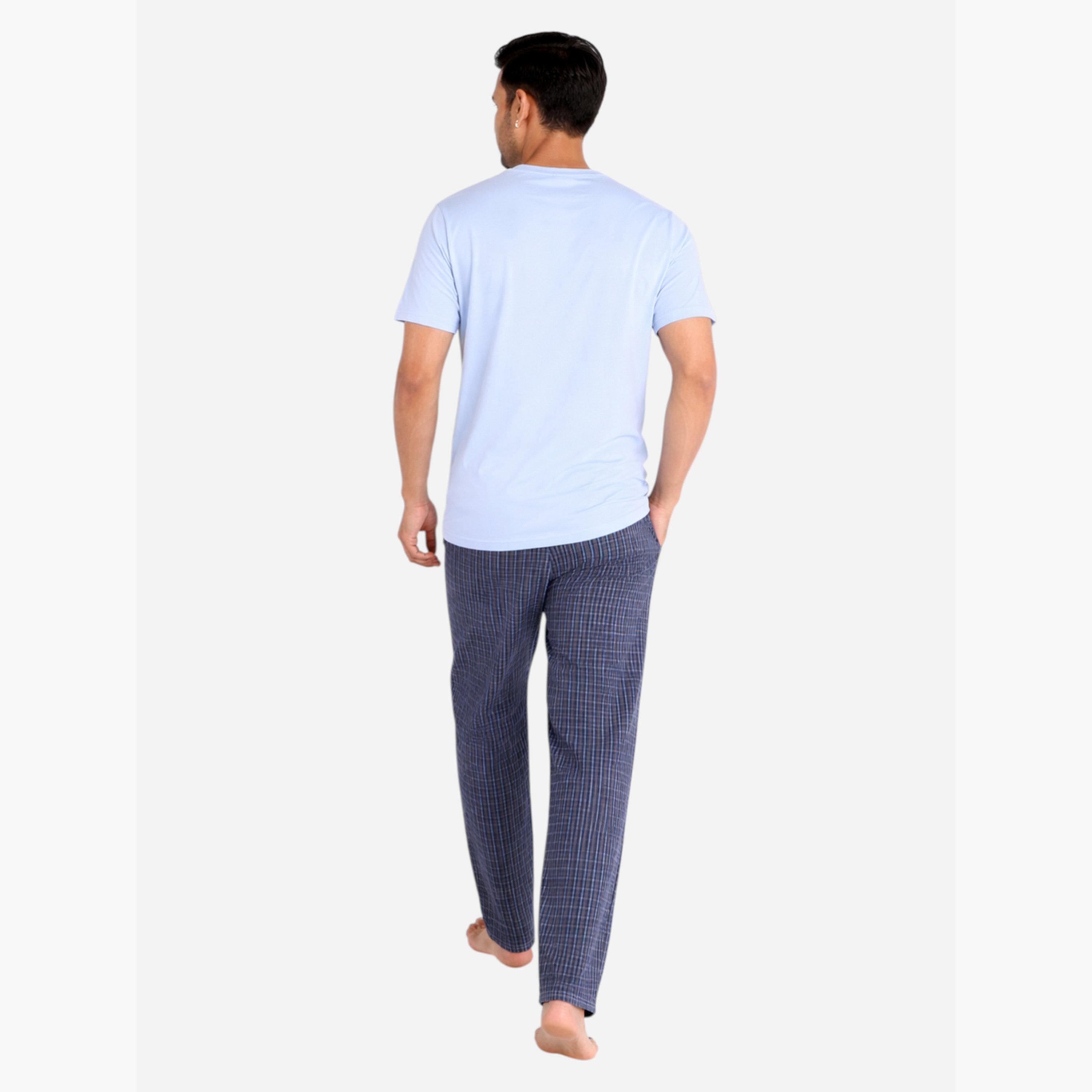 طقم بيجاما من بنطال كاروهات وتيشيرت قطن سادة-men-clothing-nightwear-sets-image-4