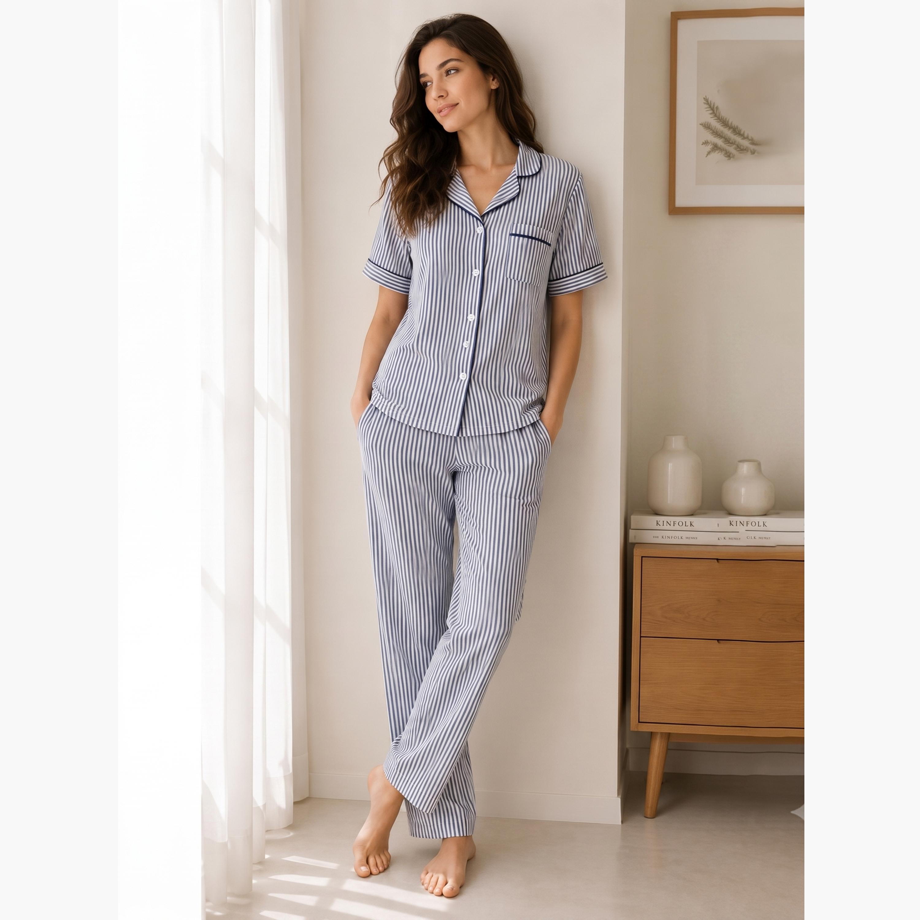 Victor and Jane X Styli Blue Striped Cotton Shirt and Pyjama Set with Contrast Piping-women-clothing-nightwear-pyjamas-longsets-image-1