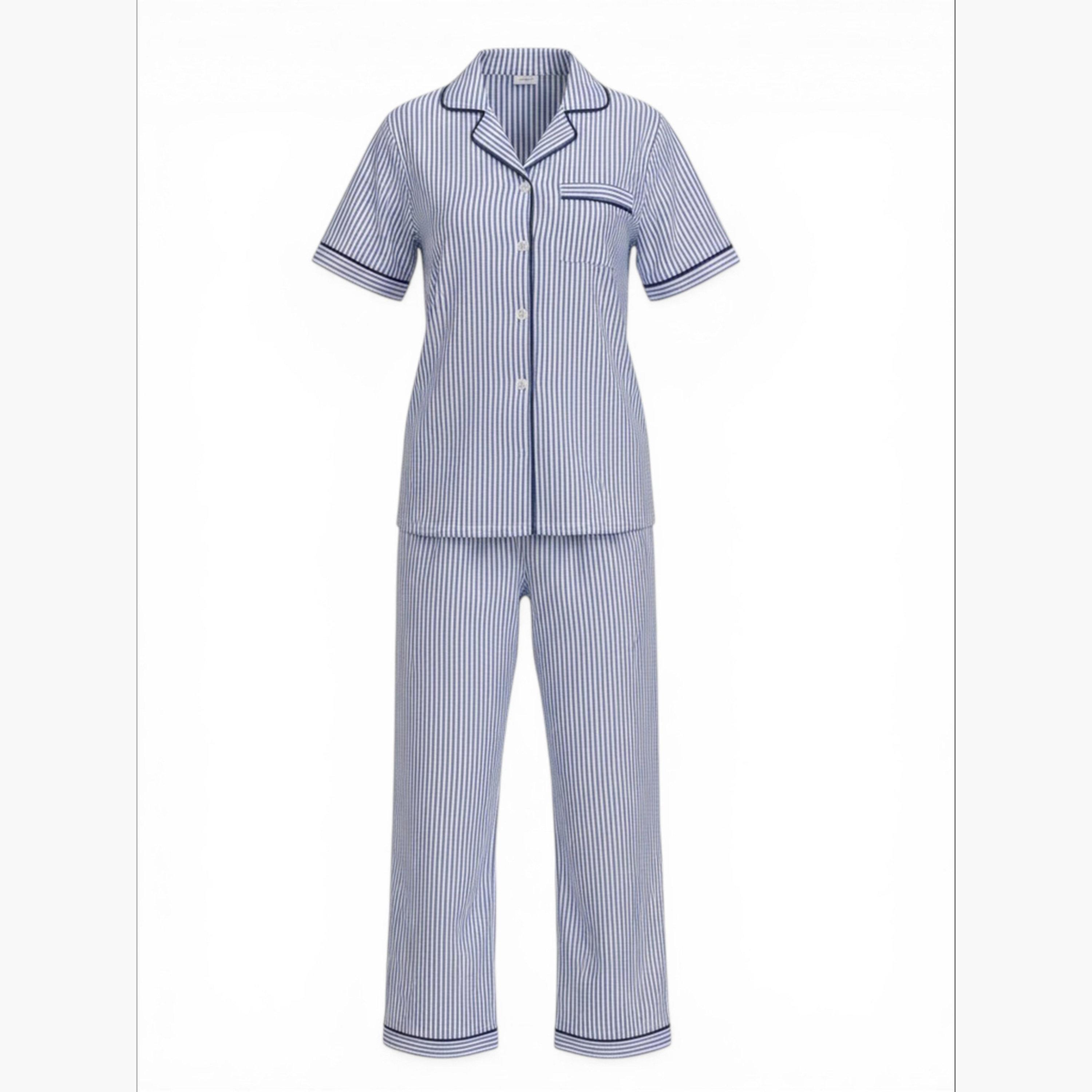Victor and Jane X Styli Blue Striped Cotton Shirt and Pyjama Set with Contrast Piping-women-clothing-nightwear-pyjamas-longsets-image-3