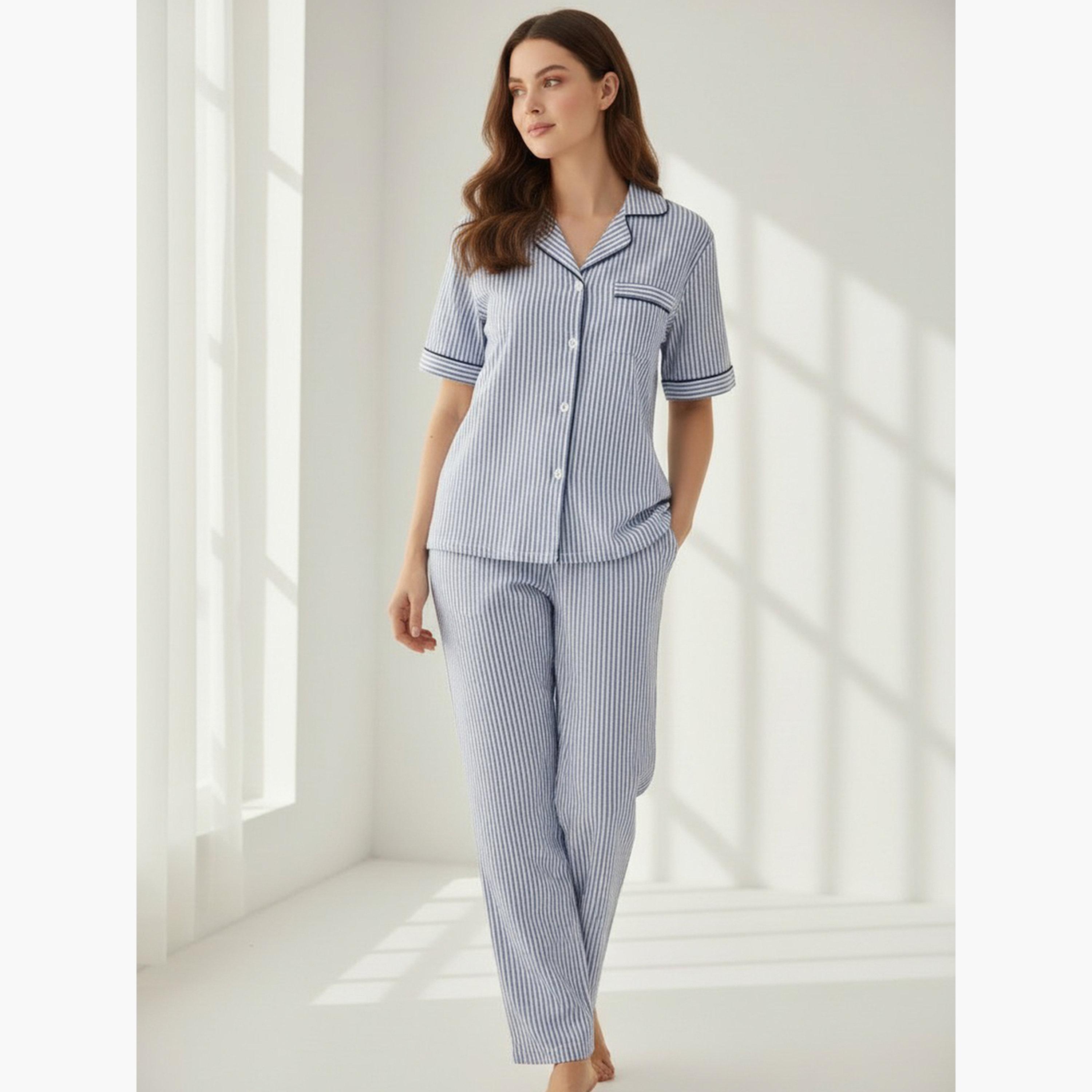 Victor and Jane X Styli Blue Striped Cotton Shirt and Pyjama Set with Contrast Piping-women-clothing-nightwear-pyjamas-longsets-image-6