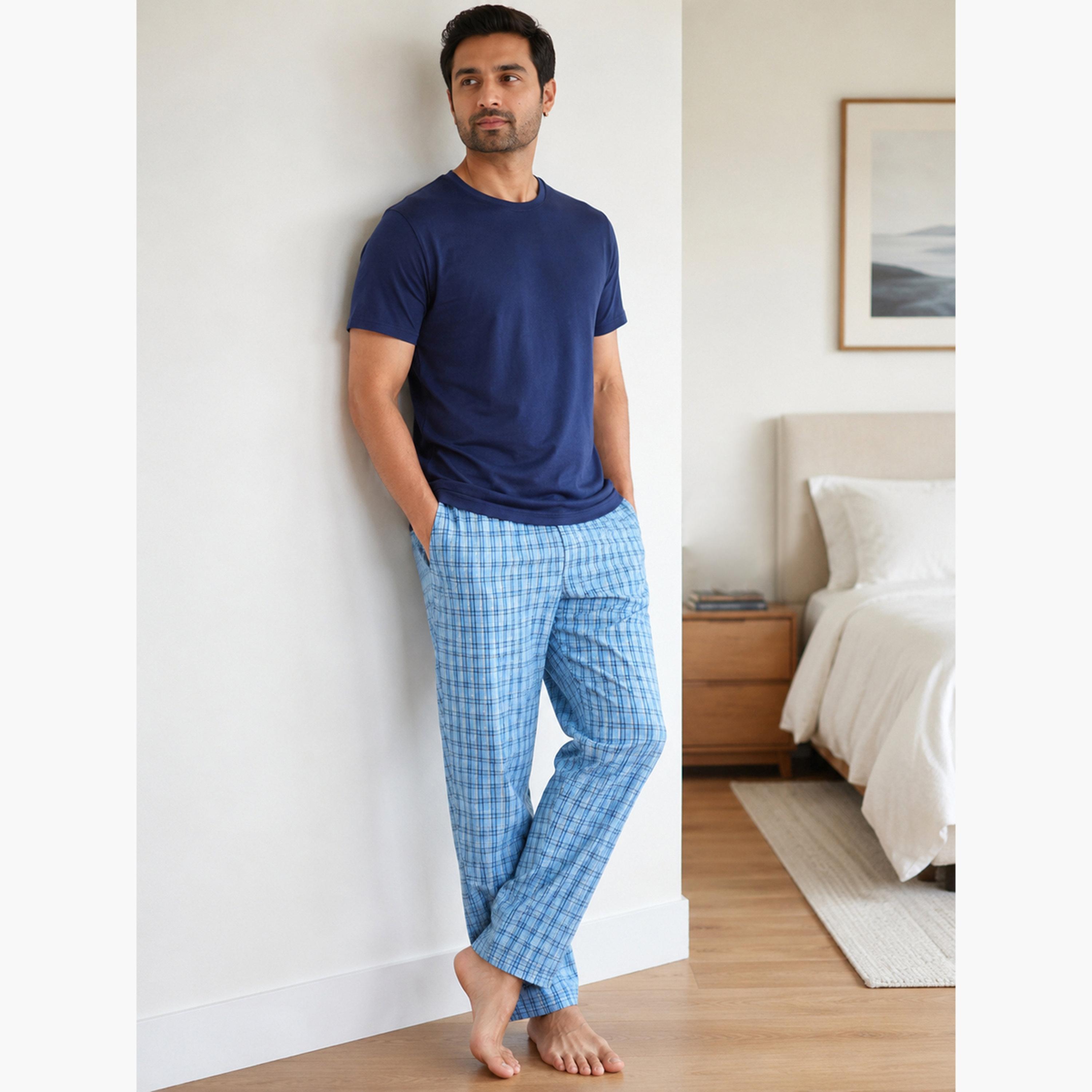 Victor and Jane X Styli Men Solid Cotton T-Shirt and Checked Pyjama Set-men-clothing-nightwear-sets-image-1