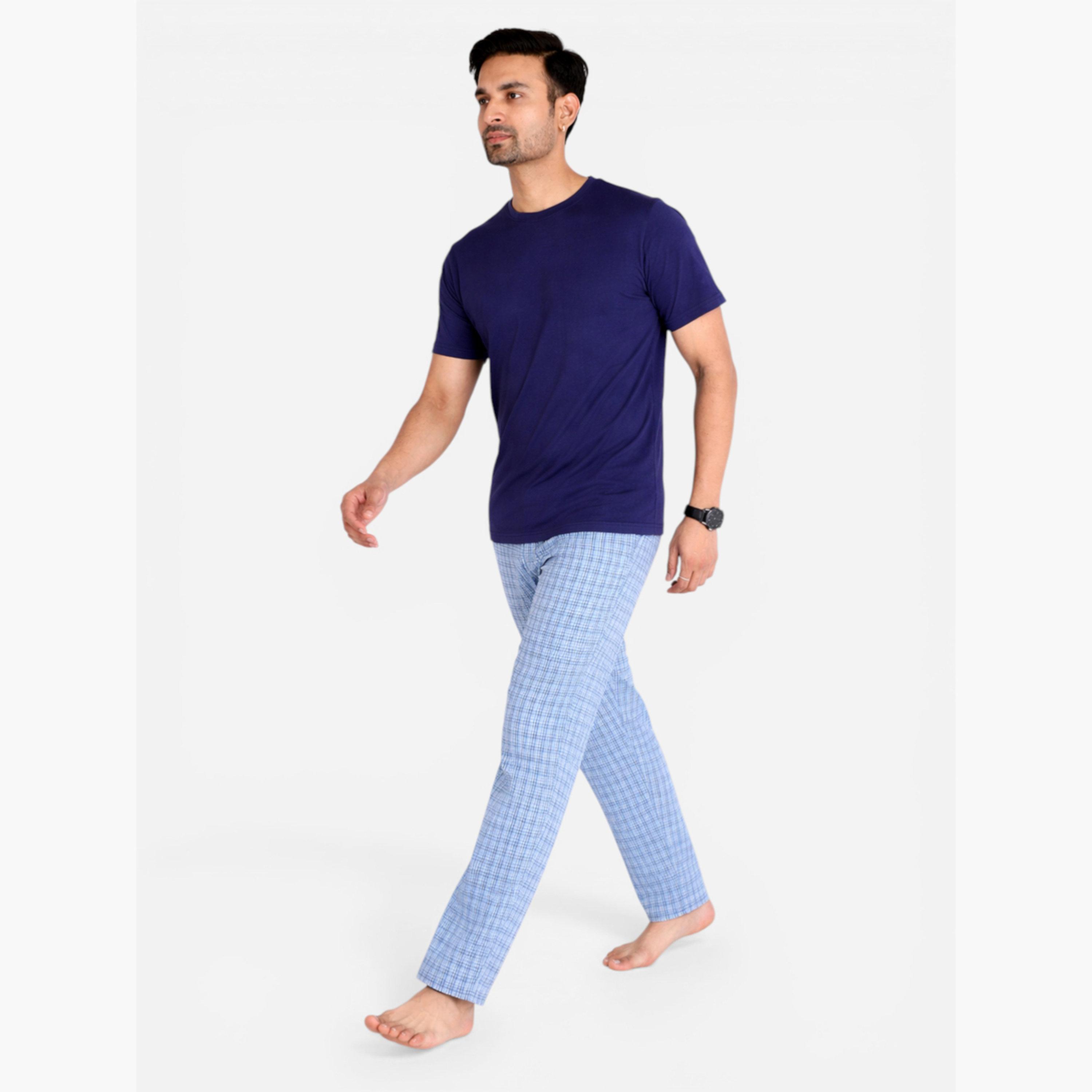 Victor and Jane X Styli Men Solid Cotton T-Shirt and Checked Pyjama Set-men-clothing-nightwear-sets-image-2