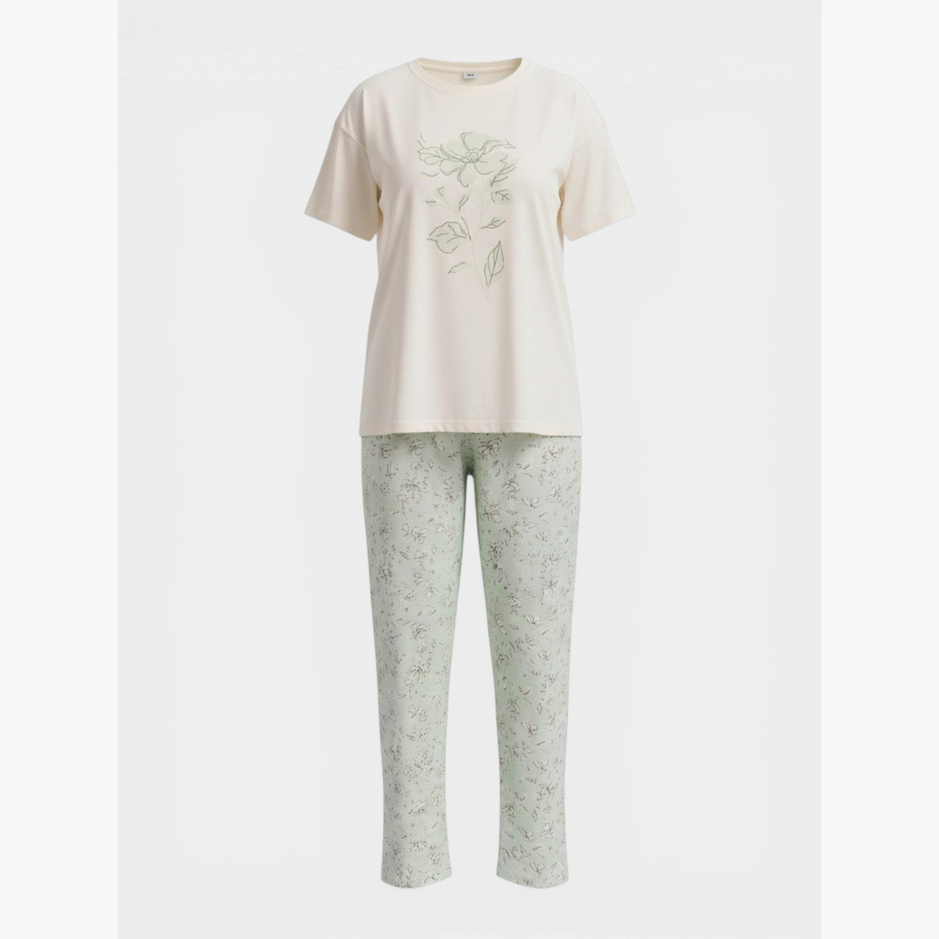 طقم بيجاما من بنطال وتيشيرت بأكمام قصيرة وطبعة-women-clothing-nightwear-pyjamas-longsets-image-2