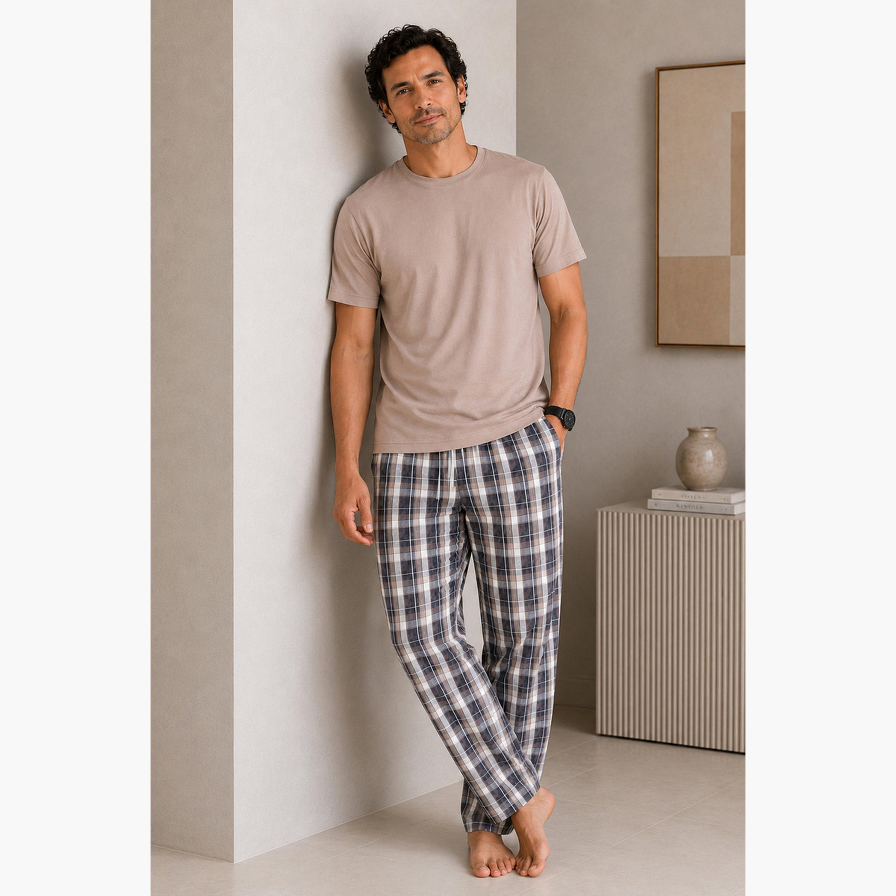 Victor and Jane X Styli Men Solid Cotton T-Shirt and Checked Pyjama Set-men-clothing-nightwear-sets-image-1