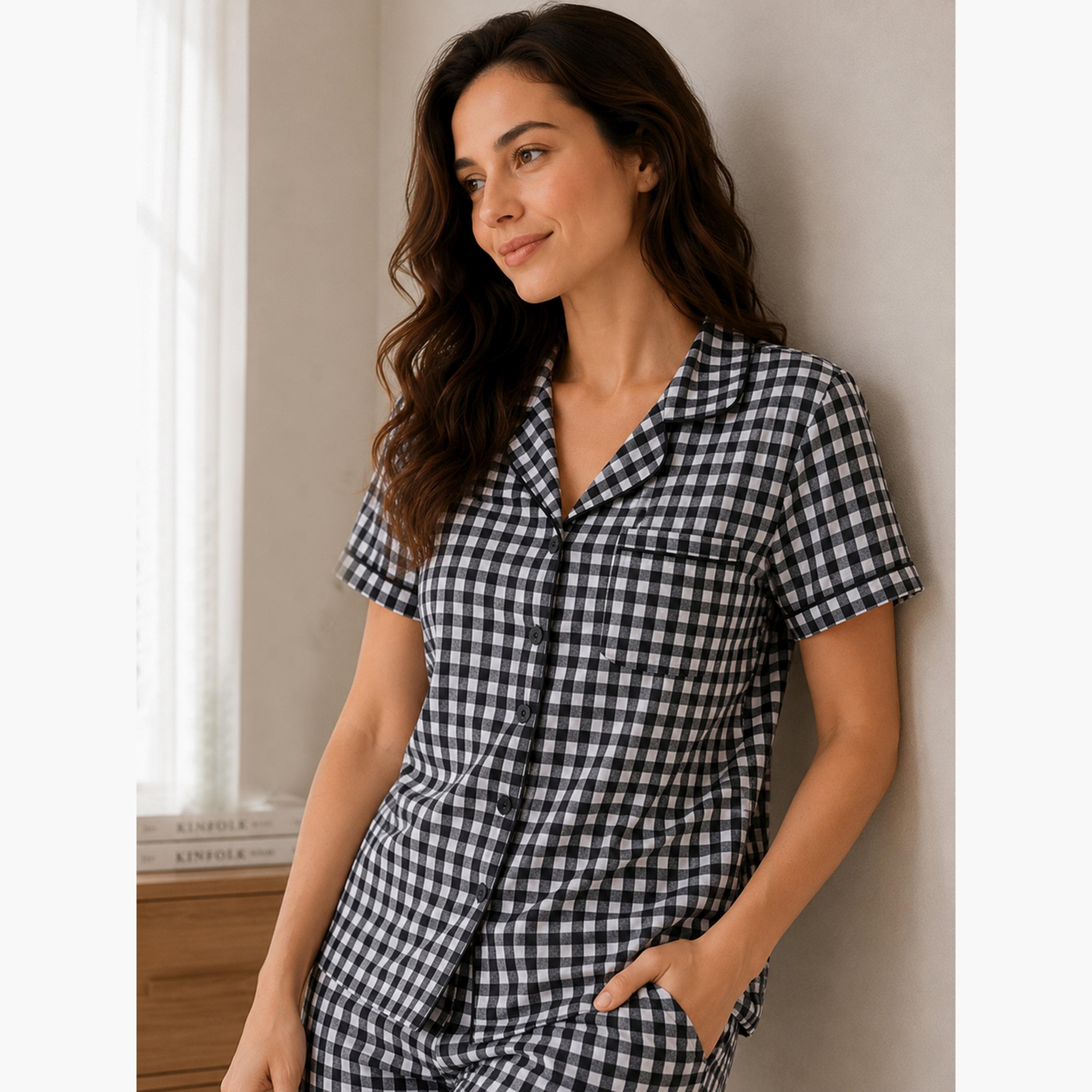 طقم بيجاما من بنطال وقميص قطن كاروهات جينغهام-women-clothing-nightwear-pyjamas-longsets-image-2