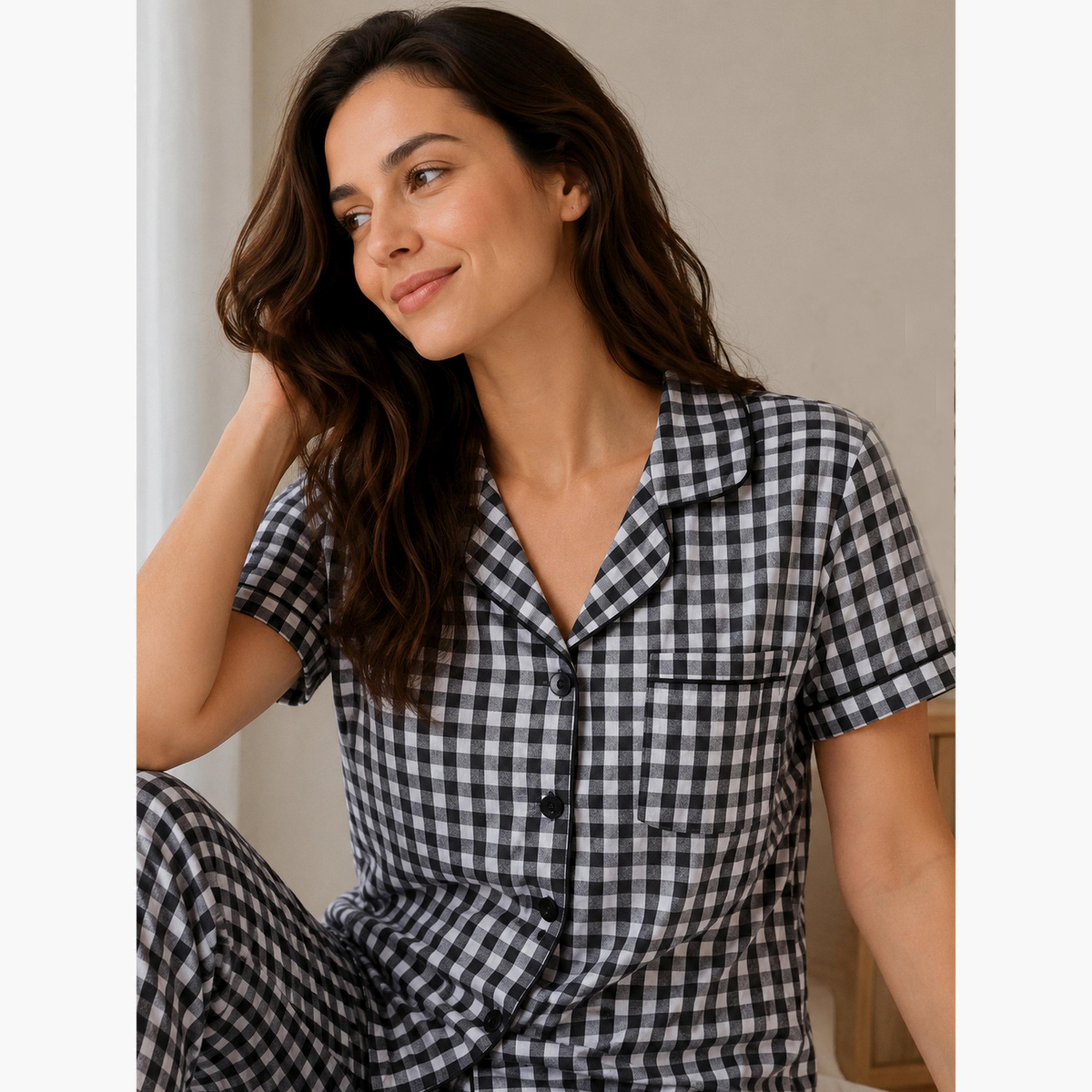 طقم بيجاما من بنطال وقميص قطن كاروهات جينغهام-women-clothing-nightwear-pyjamas-longsets-image-3