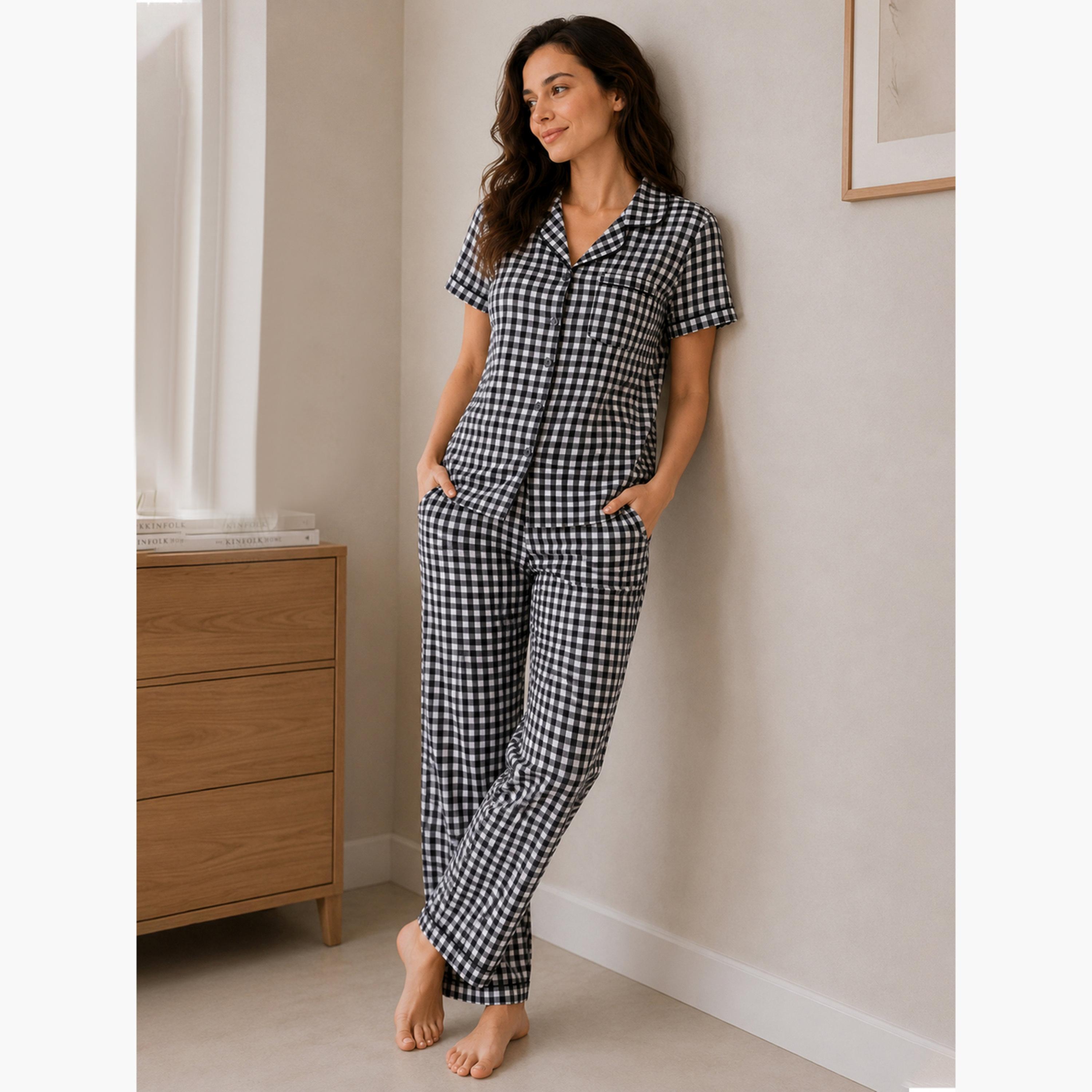 طقم بيجاما من بنطال وقميص قطن كاروهات جينغهام-women-clothing-nightwear-pyjamas-longsets-image-4