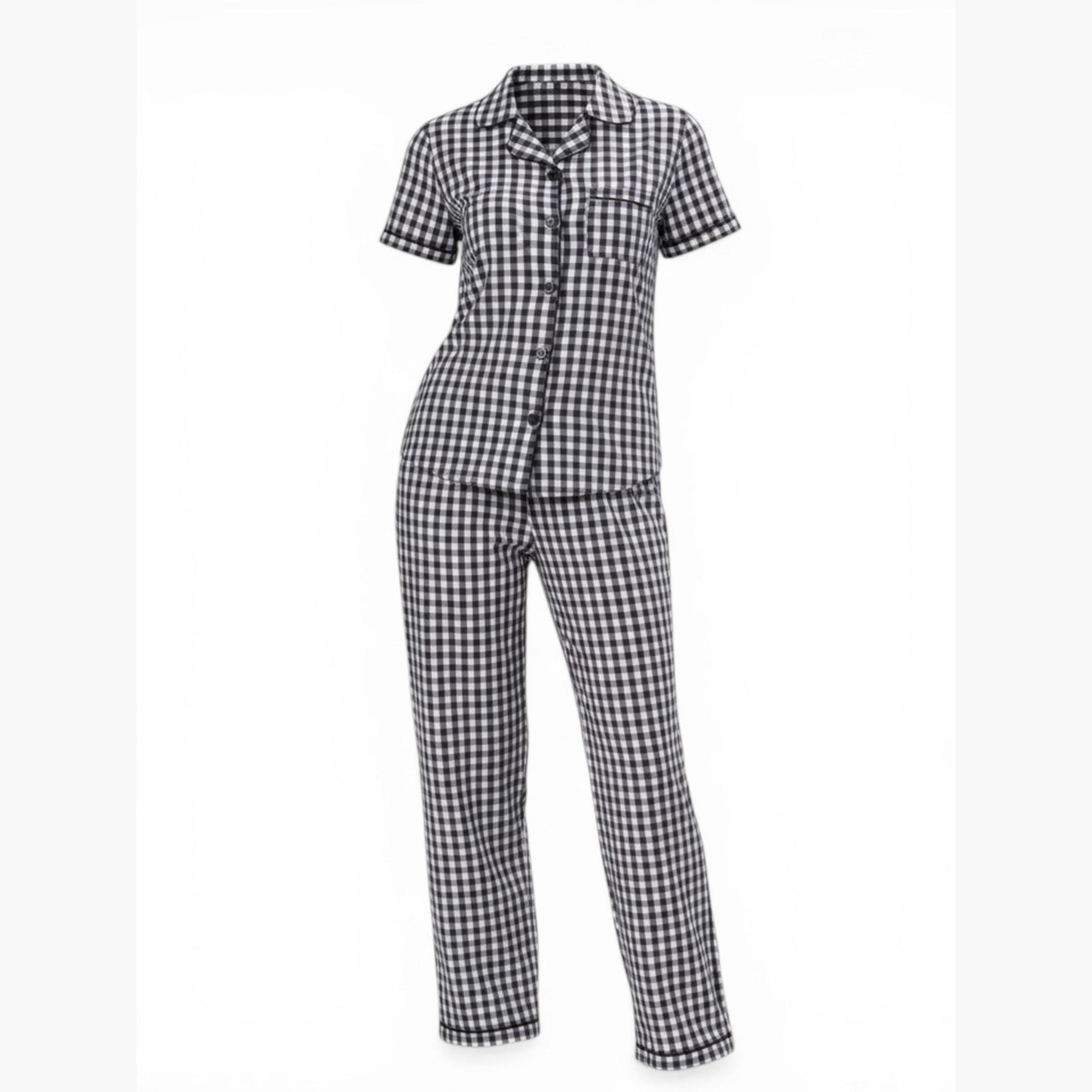 طقم بيجاما من بنطال وقميص قطن كاروهات جينغهام-women-clothing-nightwear-pyjamas-longsets-image-5
