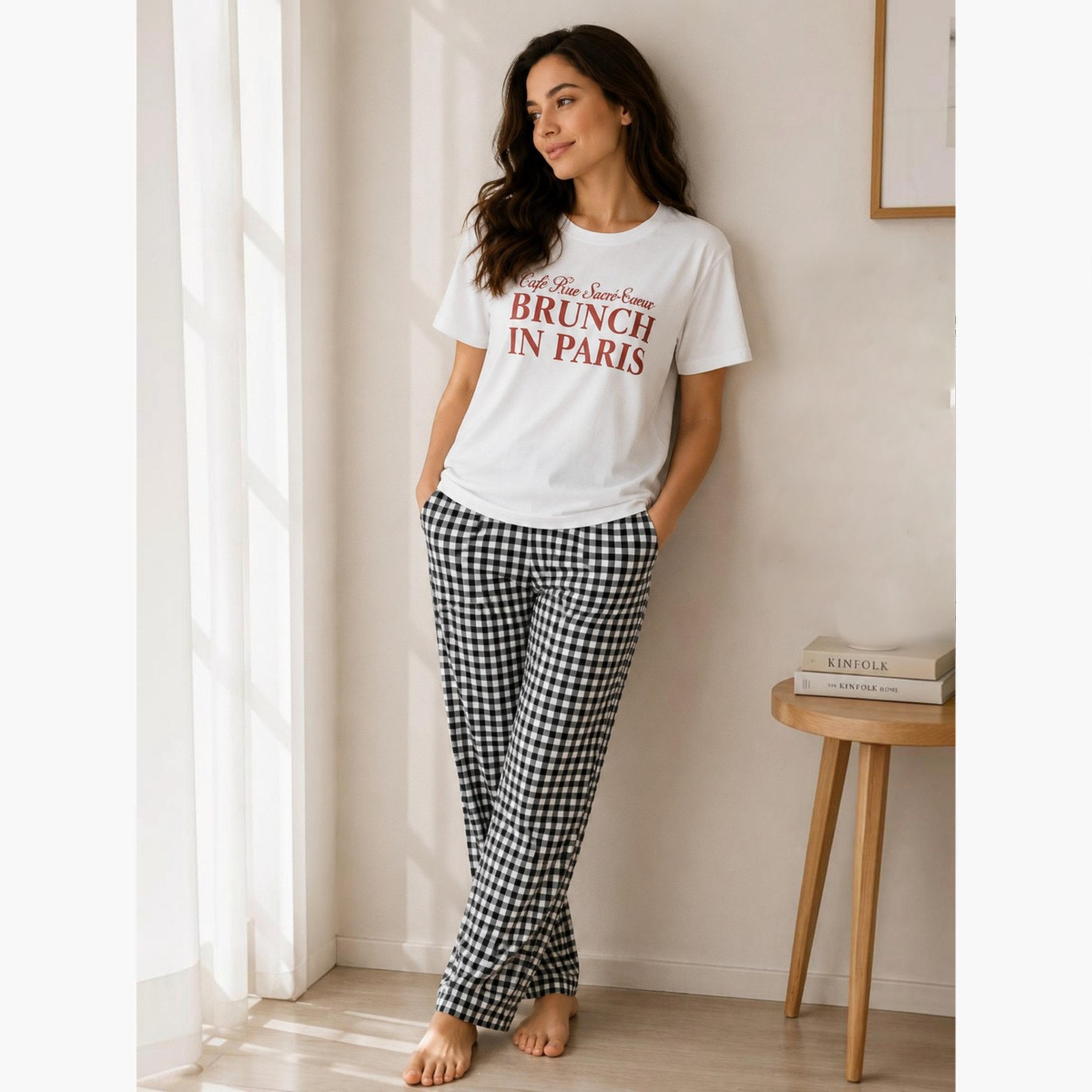 Victor and Jane X Styli White Text Print T-Shirt and Checked Pyjama Set-women-clothing-nightwear-pyjamas-longsets-image-1