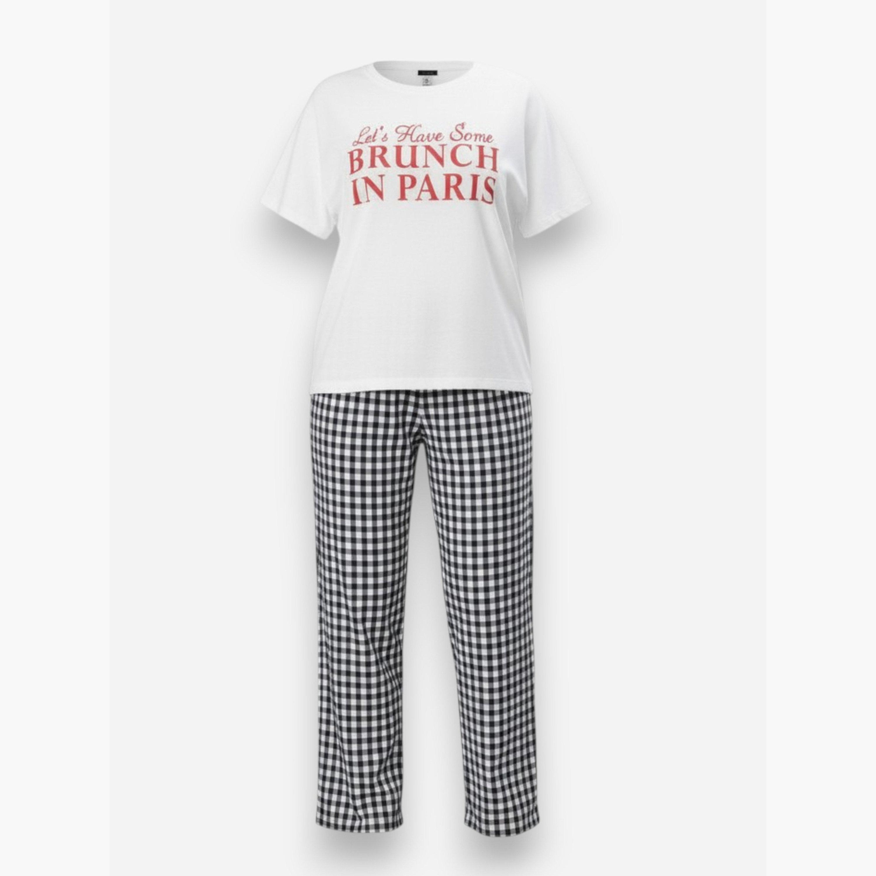 Victor and Jane X Styli White Text Print T-Shirt and Checked Pyjama Set-women-clothing-nightwear-pyjamas-longsets-image-3
