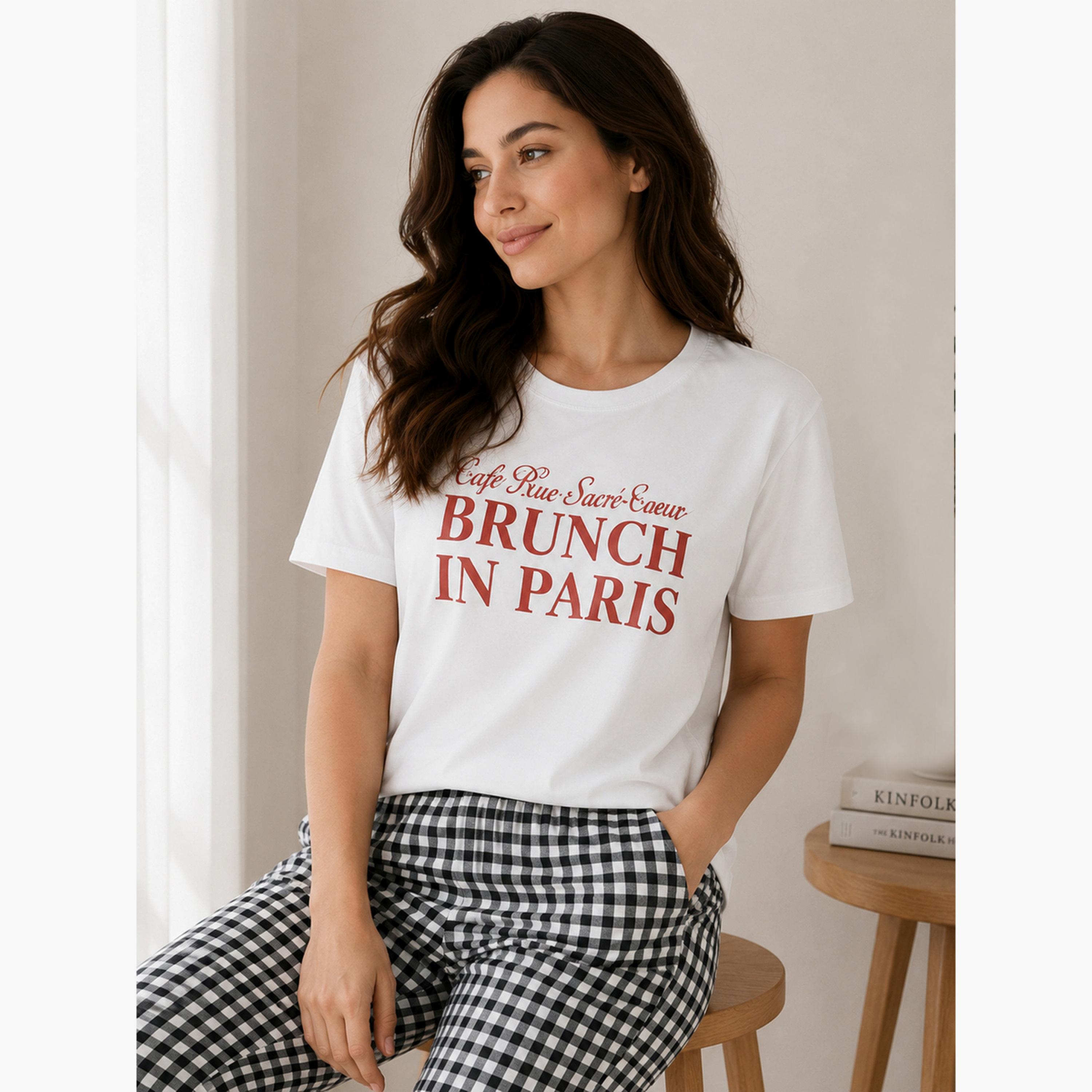 Victor and Jane X Styli White Text Print T-Shirt and Checked Pyjama Set-women-clothing-nightwear-pyjamas-longsets-image-4