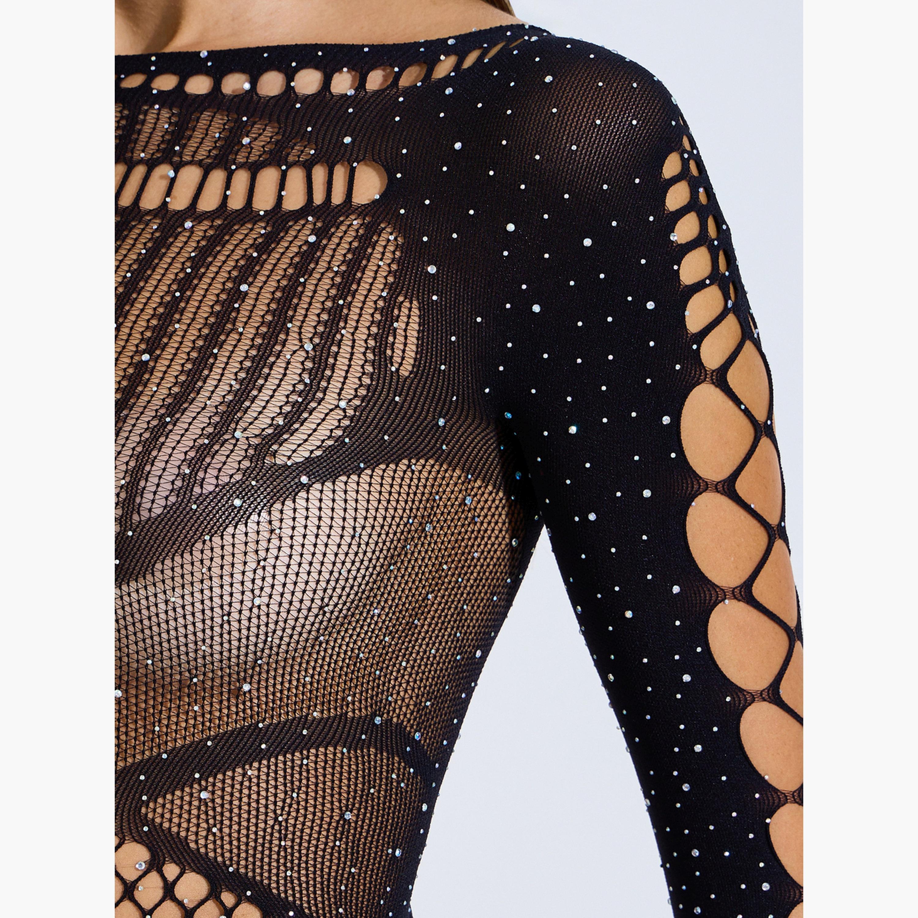 ستايلي - بودي بأكمام طويلة مزينة بتفاصيل شبكية مفتوحة مرصعة بأحجار الراين السوداء-women-clothing-lingerie-babydollsandbodysuits-image-5