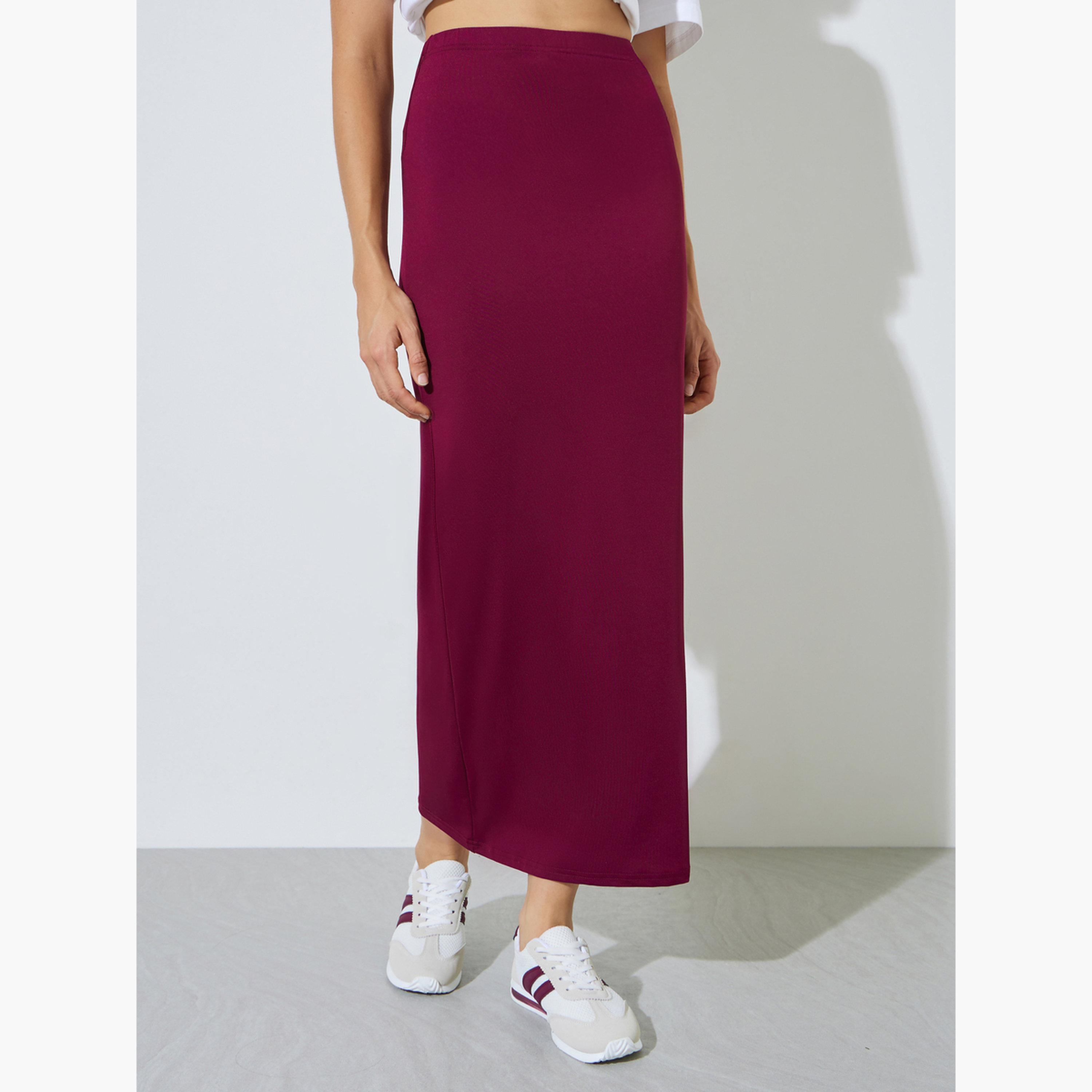 ستايلي - تنورة طويلة ضيقة بلون برغندي سادة-women-clothing-bottoms-skirts-image-1