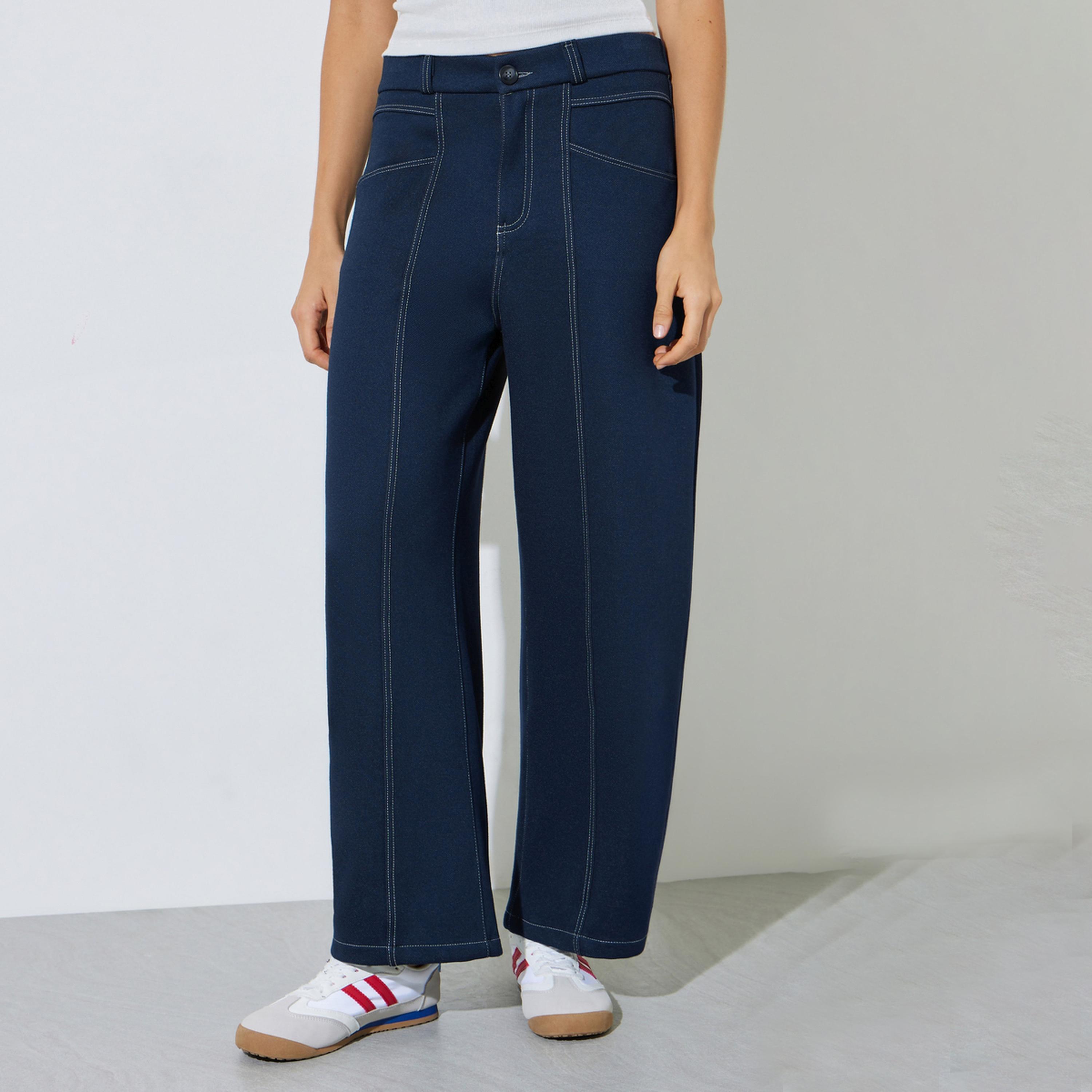 Styli Dark Blue Barrel Fit Paneled Jeans-women-clothing-bottoms-jeans-image-1