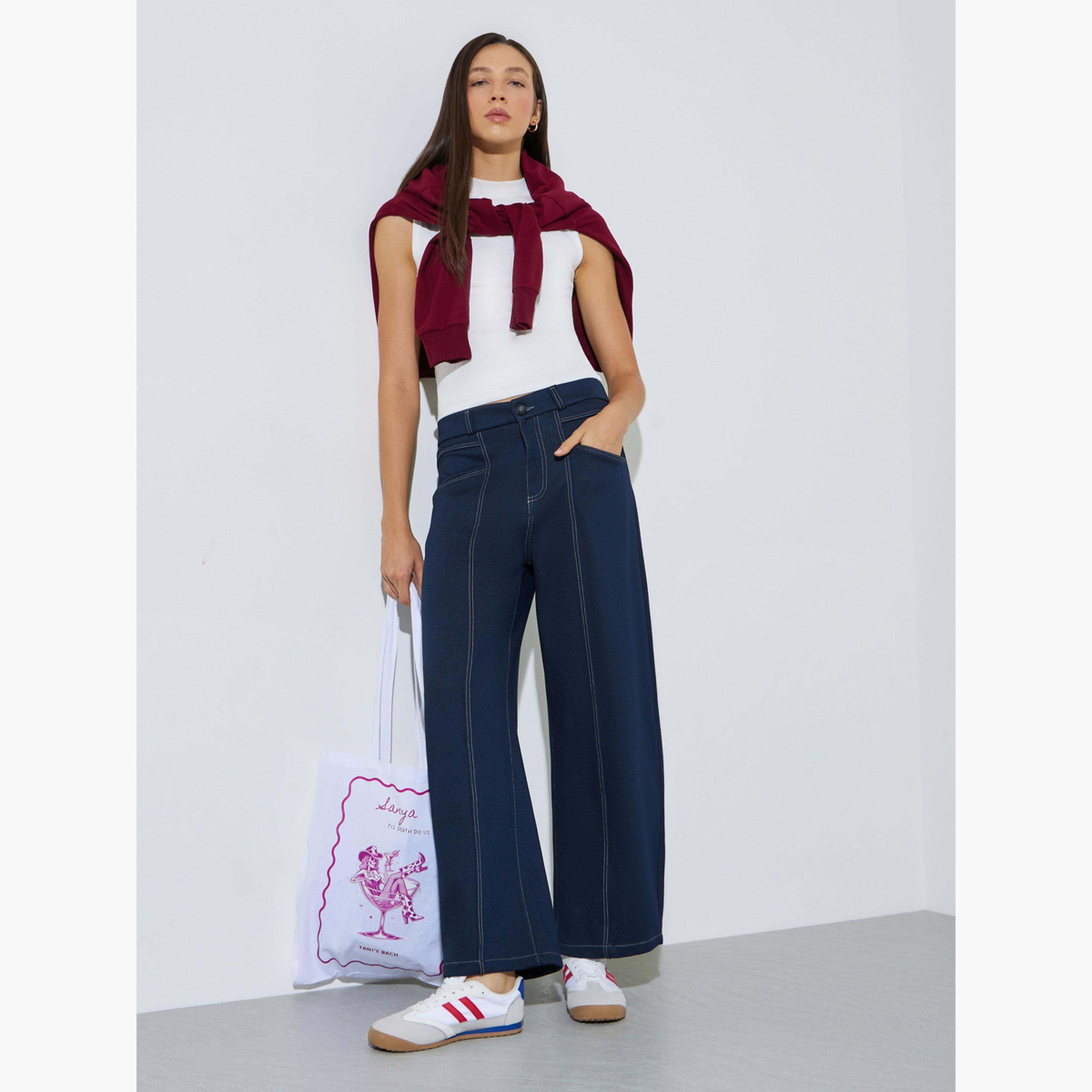 Styli Dark Blue Barrel Fit Paneled Jeans-women-clothing-bottoms-jeans-image-2