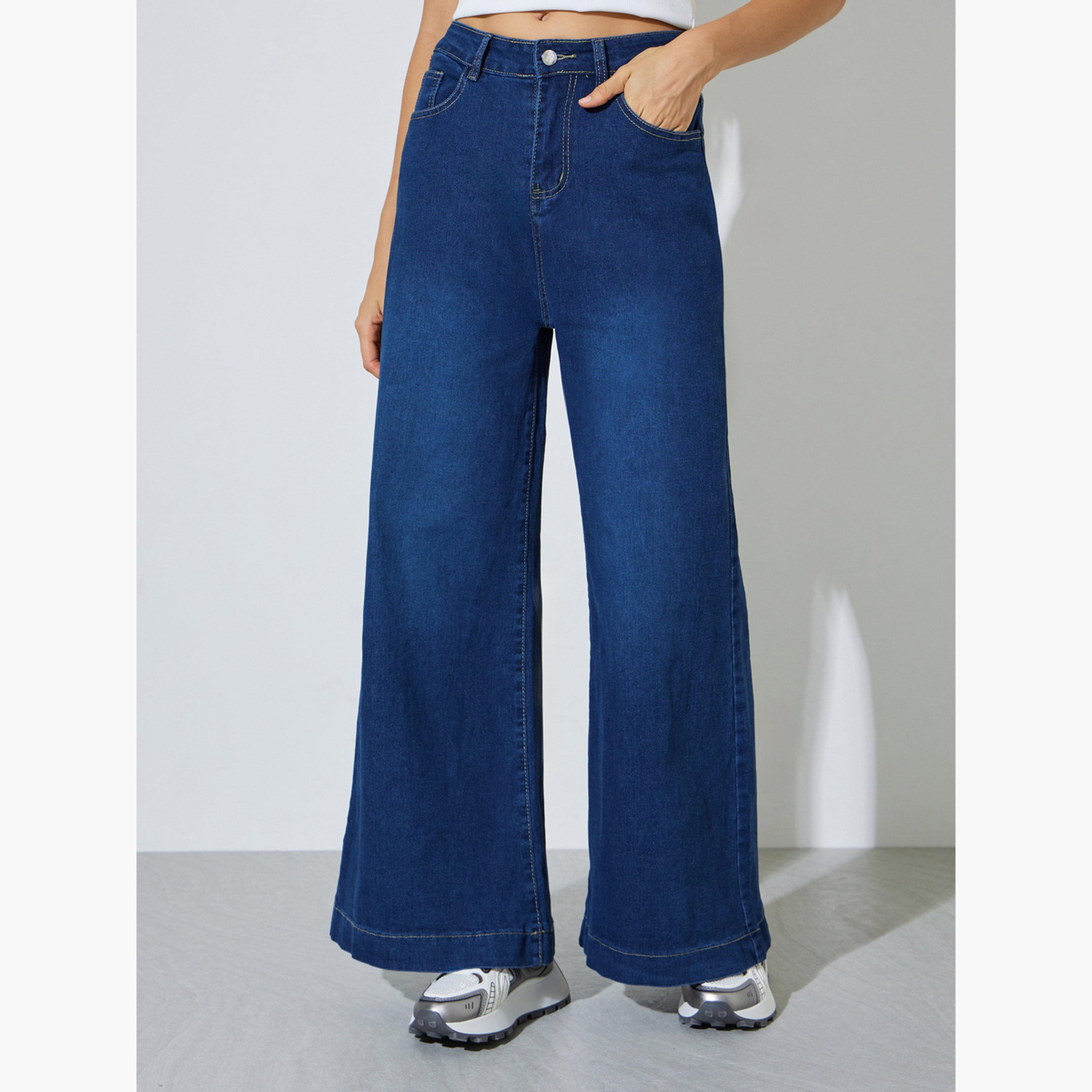 Styli Dark Blue Wide Leg Faded Jeans-women-clothing-bottoms-jeans-image-1