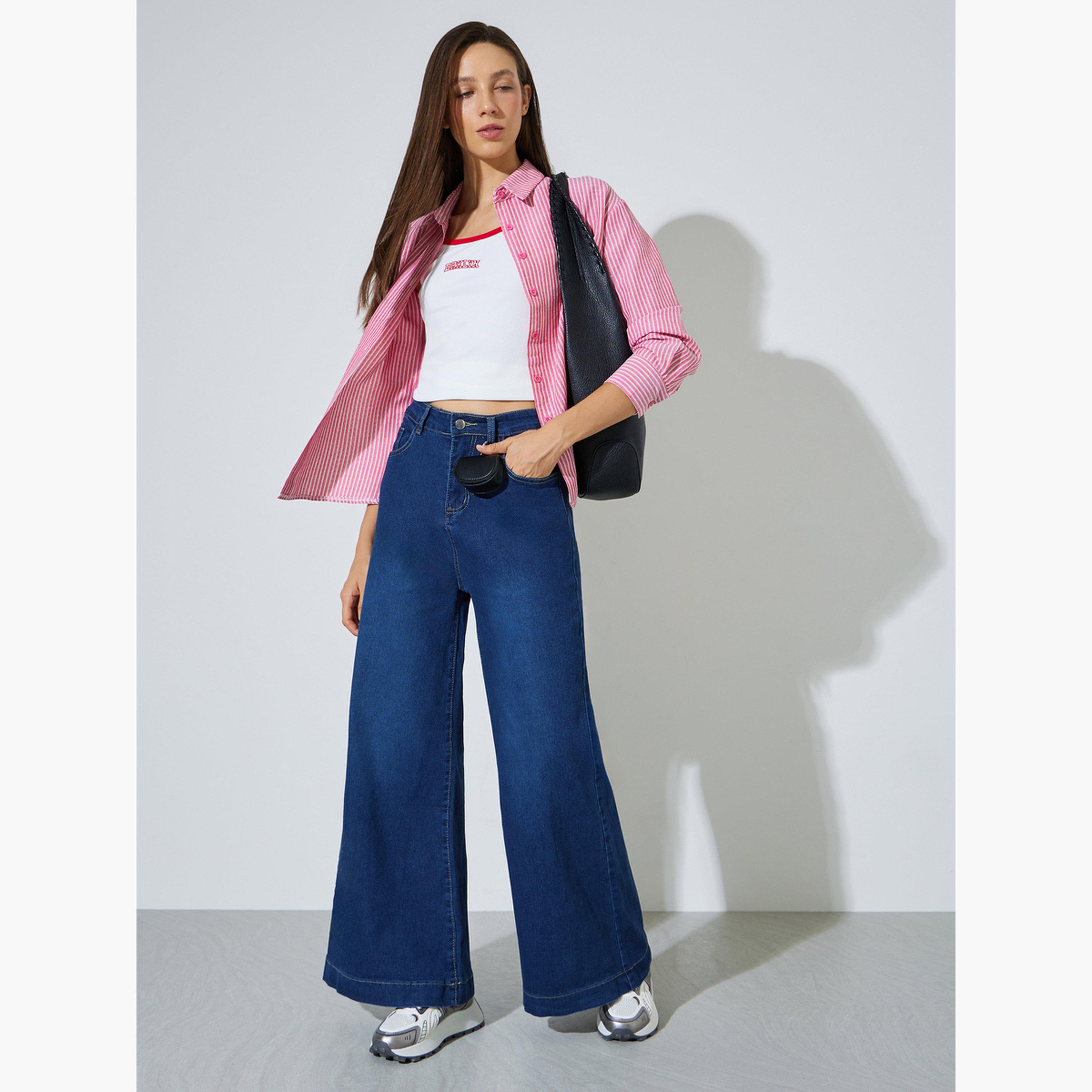 Styli Dark Blue Wide Leg Faded Jeans-women-clothing-bottoms-jeans-image-2