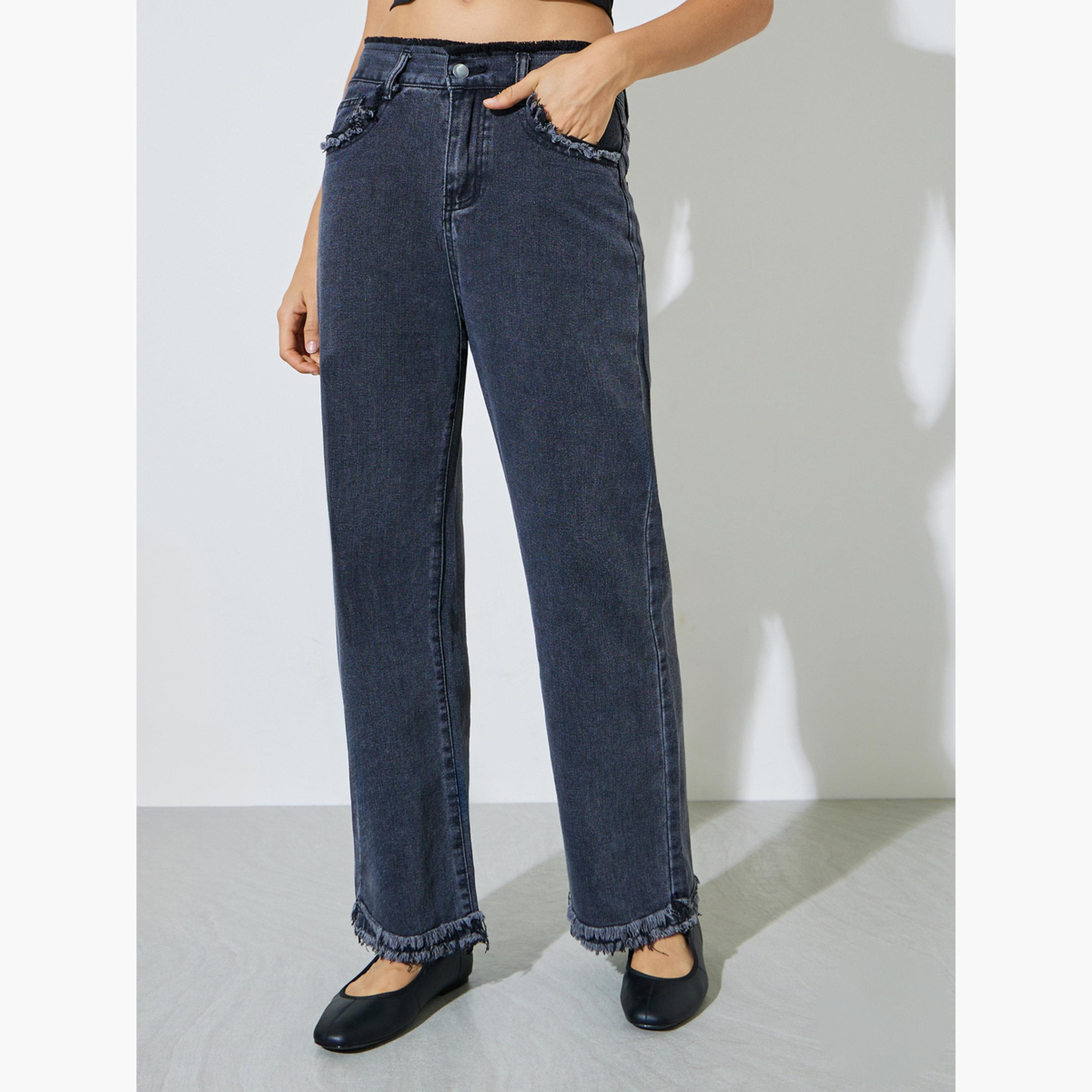 Styli Charcoal Wide Leg Jeans with Frayed Raw-Edge-women-clothing-bottoms-jeans-image-1