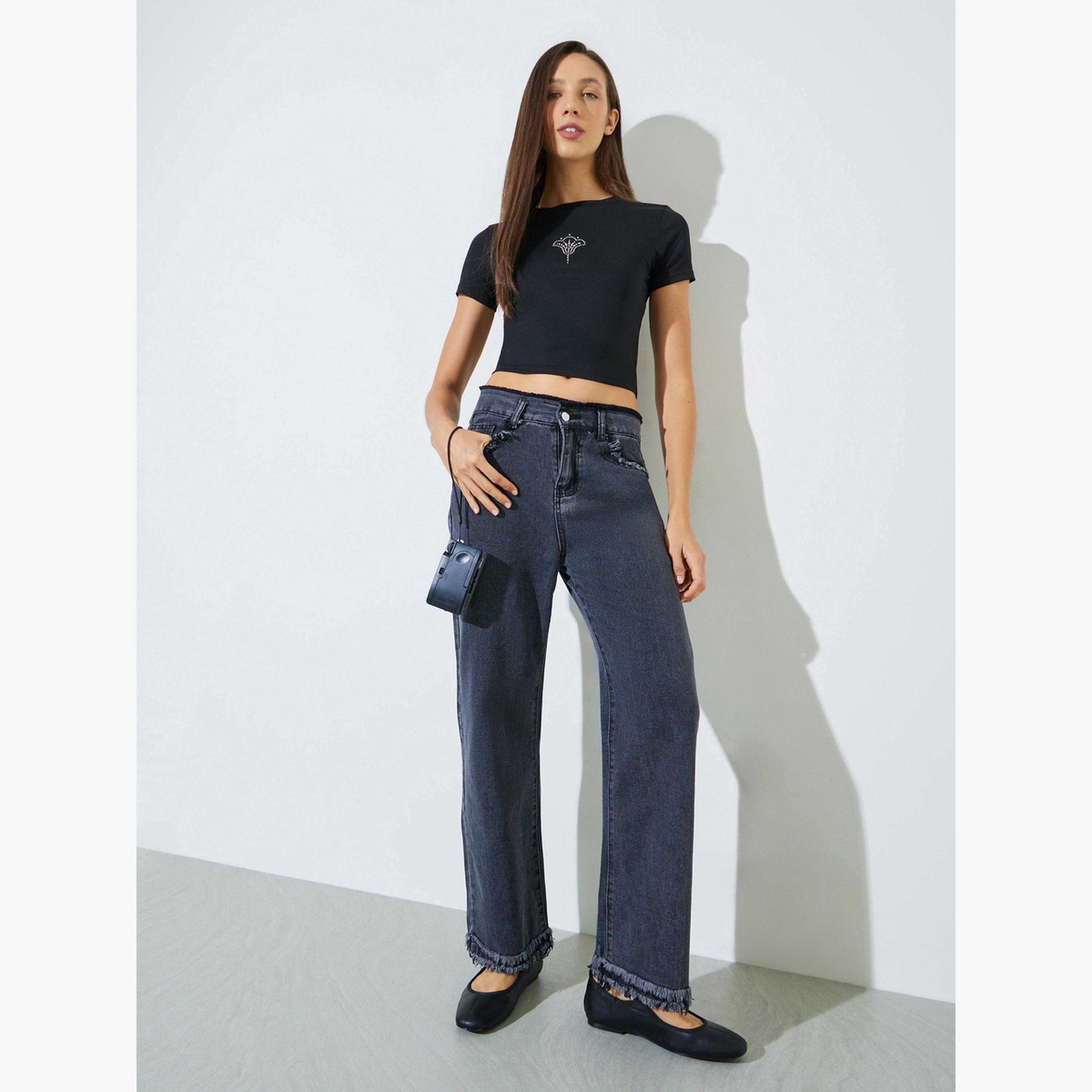 Styli Charcoal Wide Leg Jeans with Frayed Raw-Edge-women-clothing-bottoms-jeans-image-2