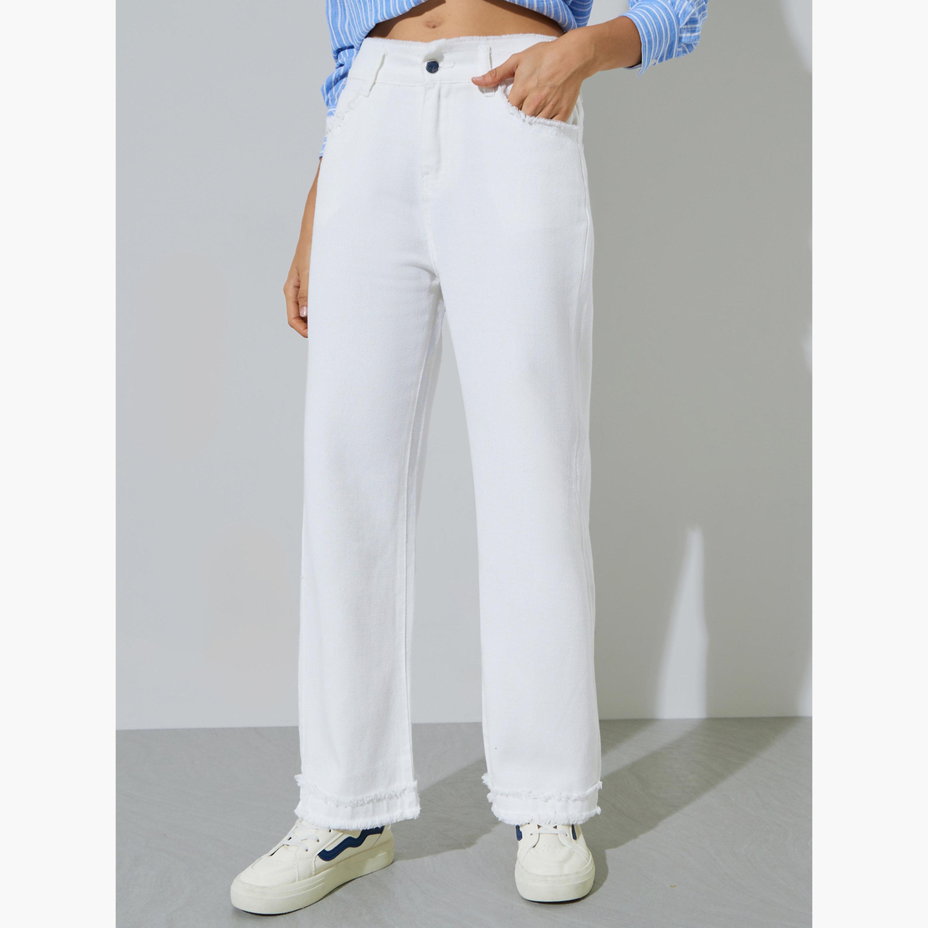 Styli Off White Wide Leg Jeans with Frayed Raw-Edge-women-clothing-bottoms-jeans-image-1