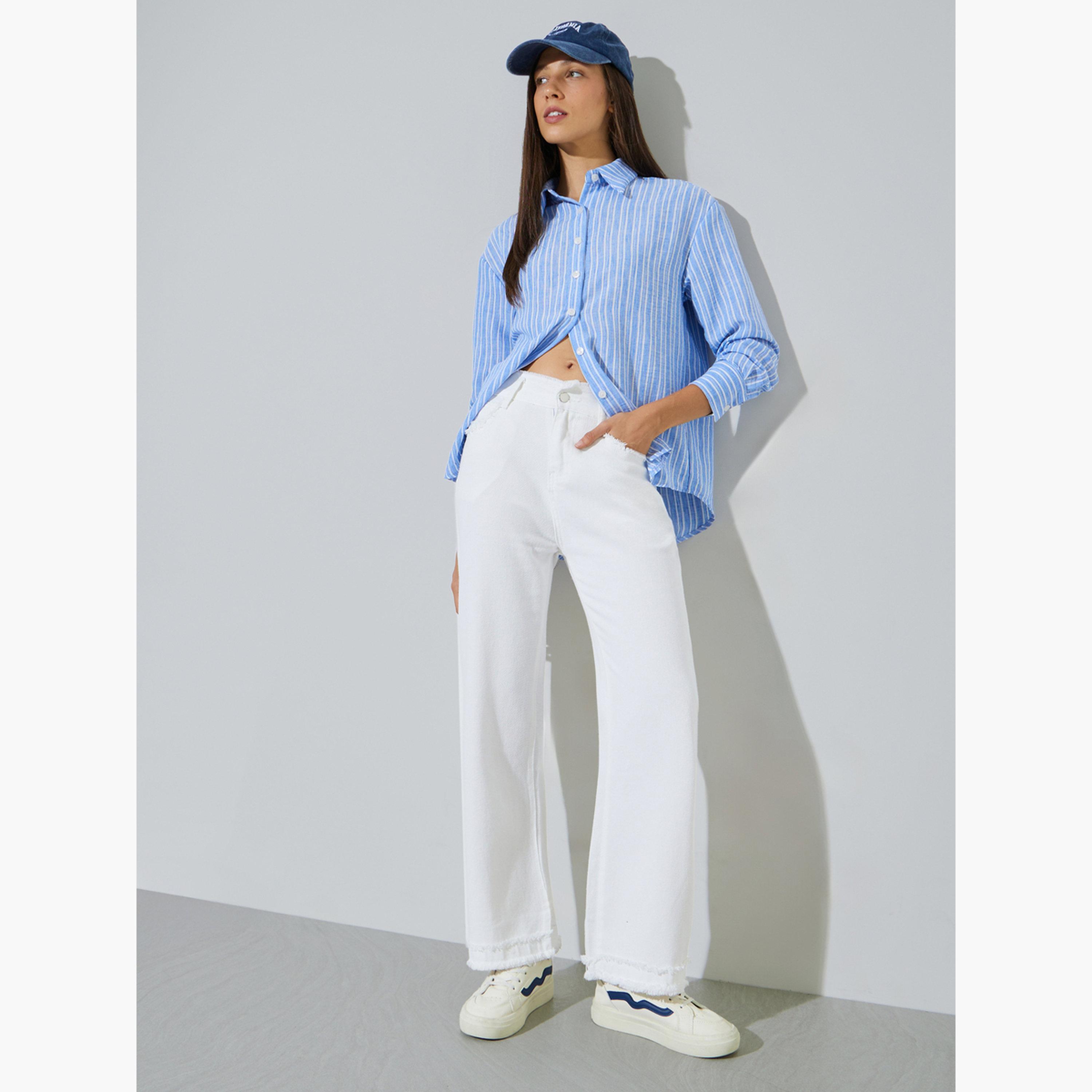Styli Off White Wide Leg Jeans with Frayed Raw-Edge-women-clothing-bottoms-jeans-image-2