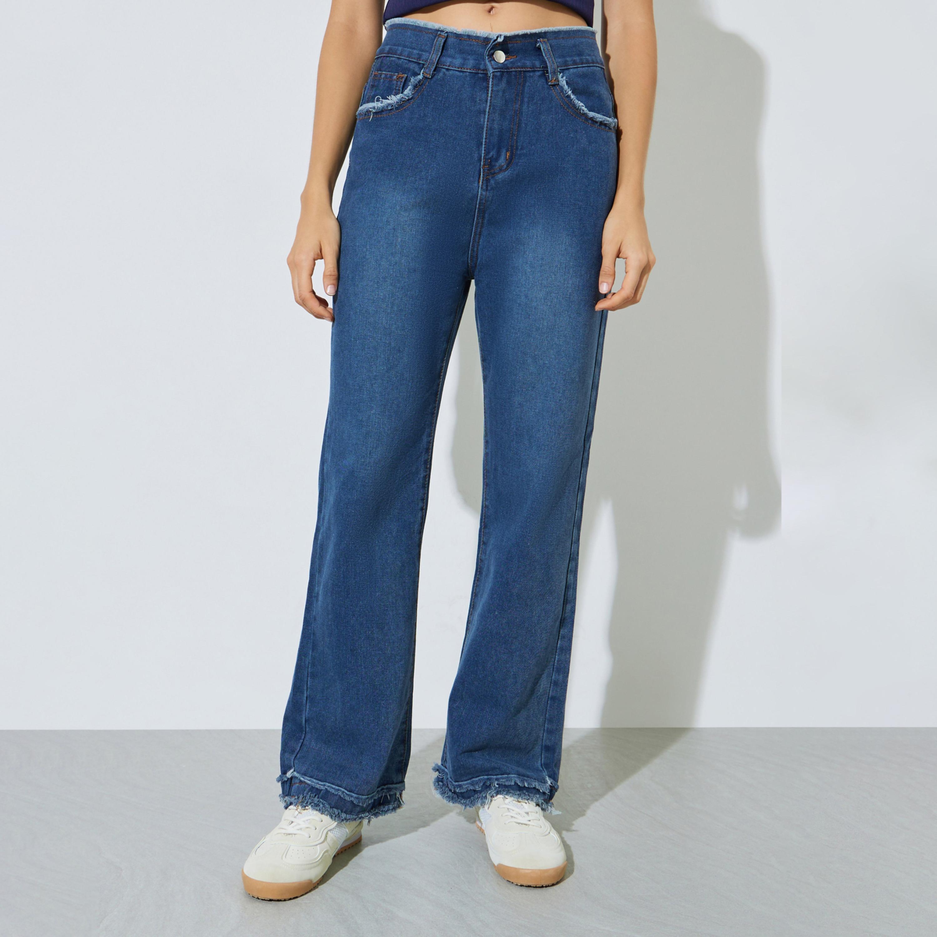 Styli Blue Wide Leg Jeans with Frayed Raw-Edge-women-clothing-bottoms-jeans-image-1