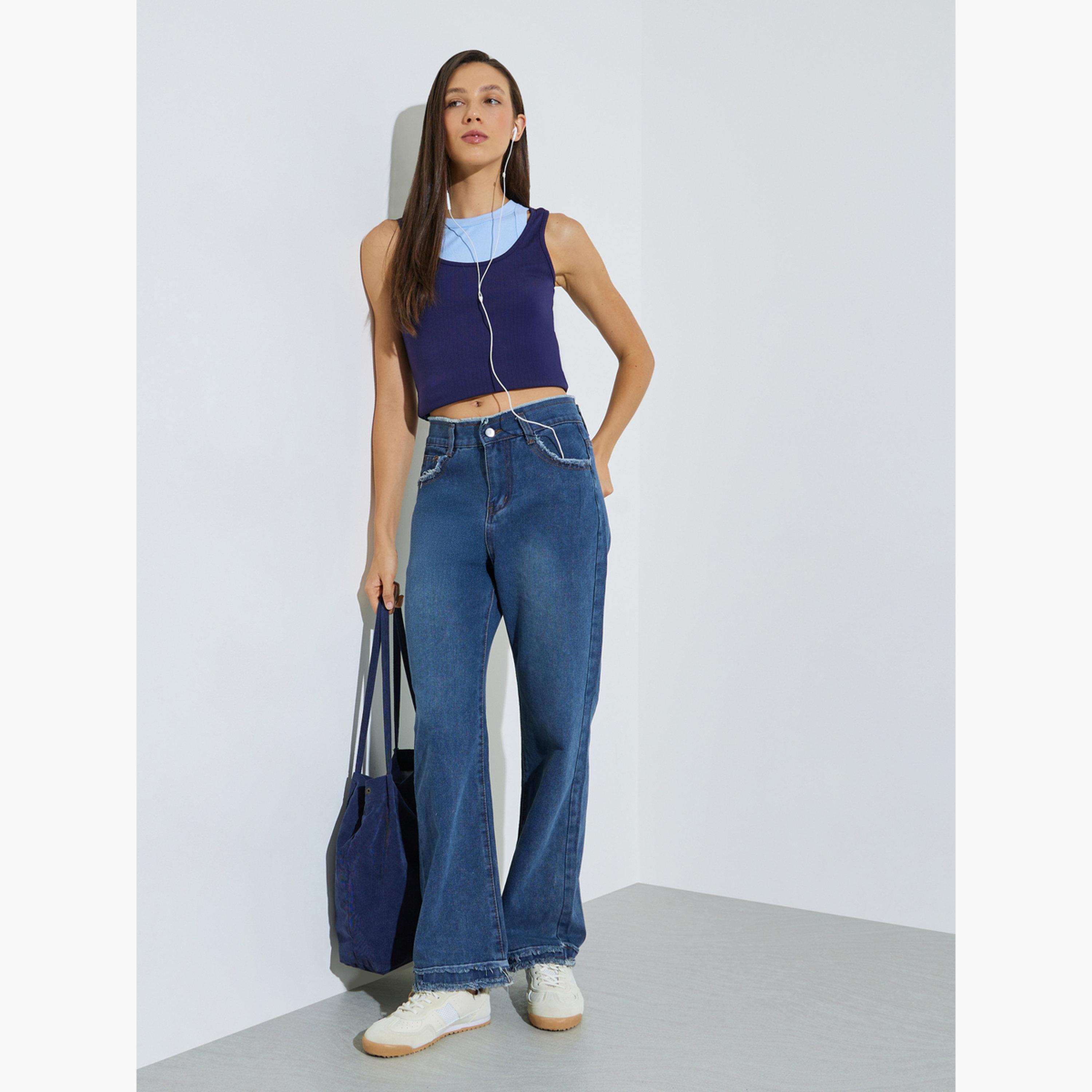 Styli Blue Wide Leg Jeans with Frayed Raw-Edge-women-clothing-bottoms-jeans-image-2