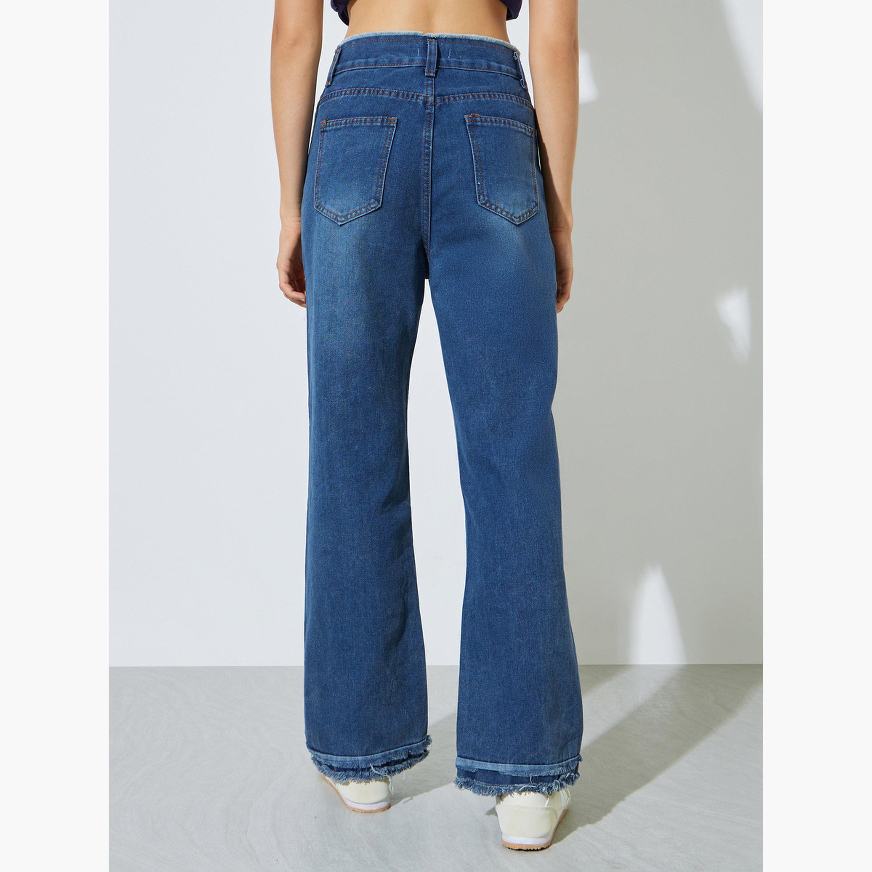 Styli Blue Wide Leg Jeans with Frayed Raw-Edge-women-clothing-bottoms-jeans-image-4