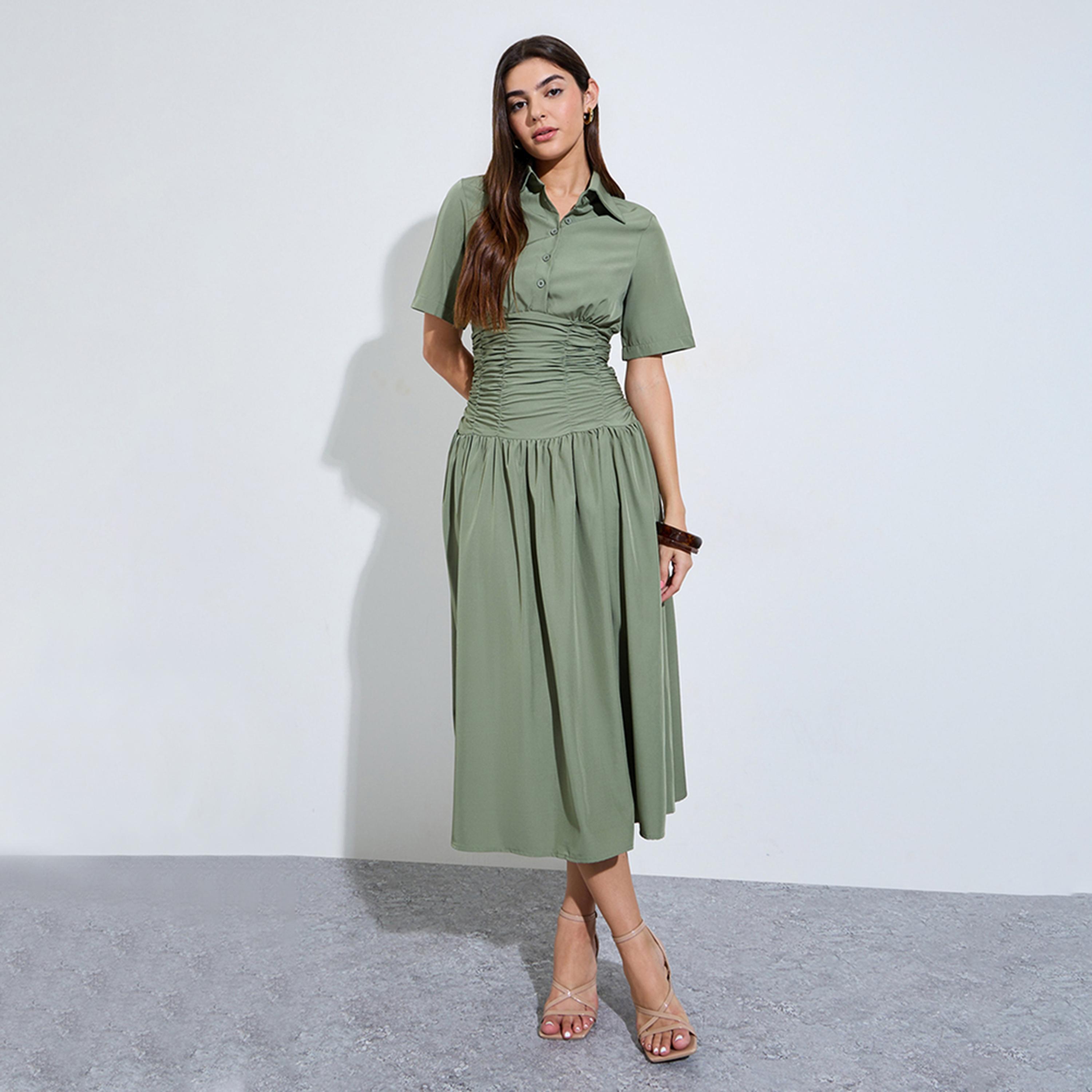 Styli Green Gathered Casual Shirt Midi Dress-women-clothing-dresses-image-1