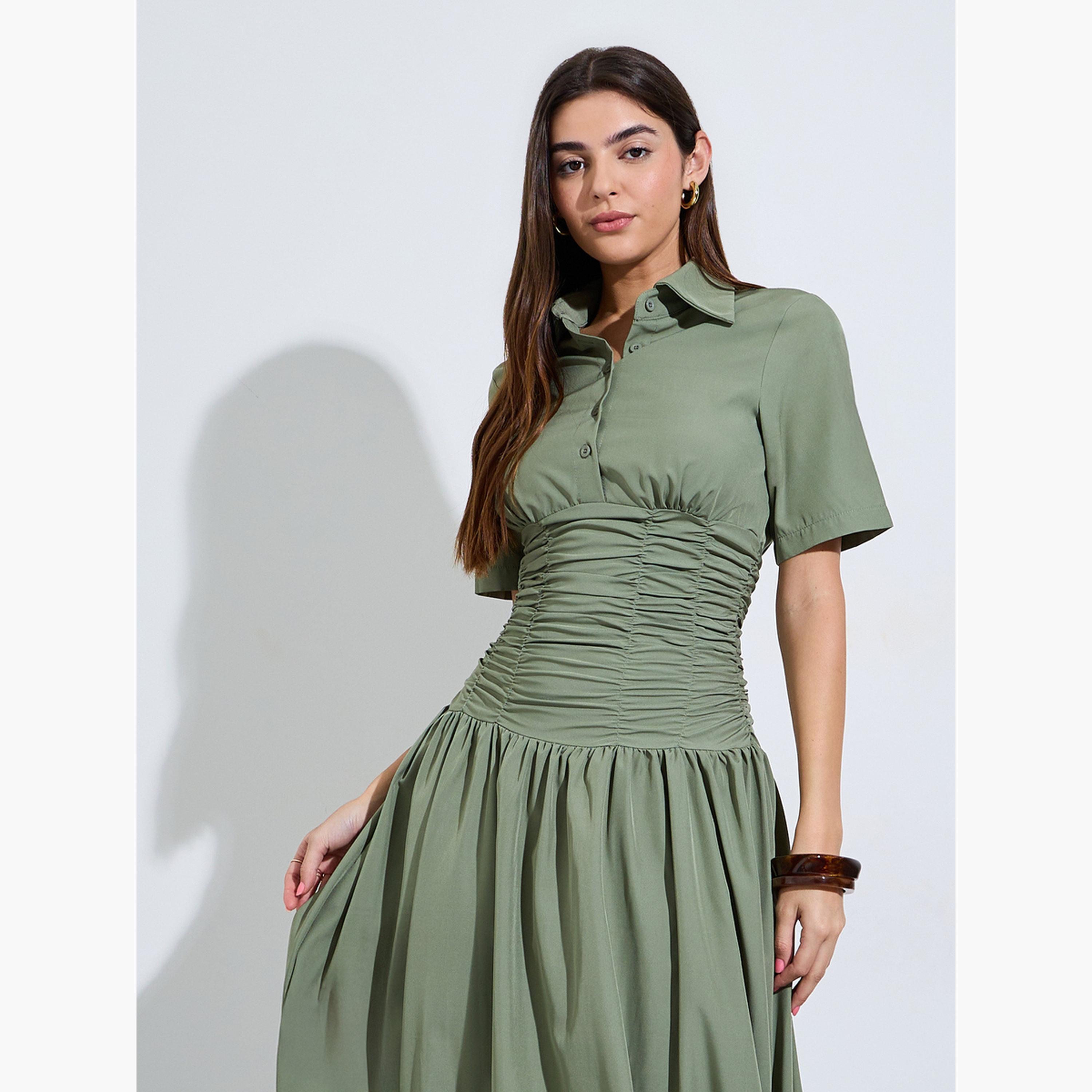 Styli Green Gathered Casual Shirt Midi Dress-women-clothing-dresses-image-2