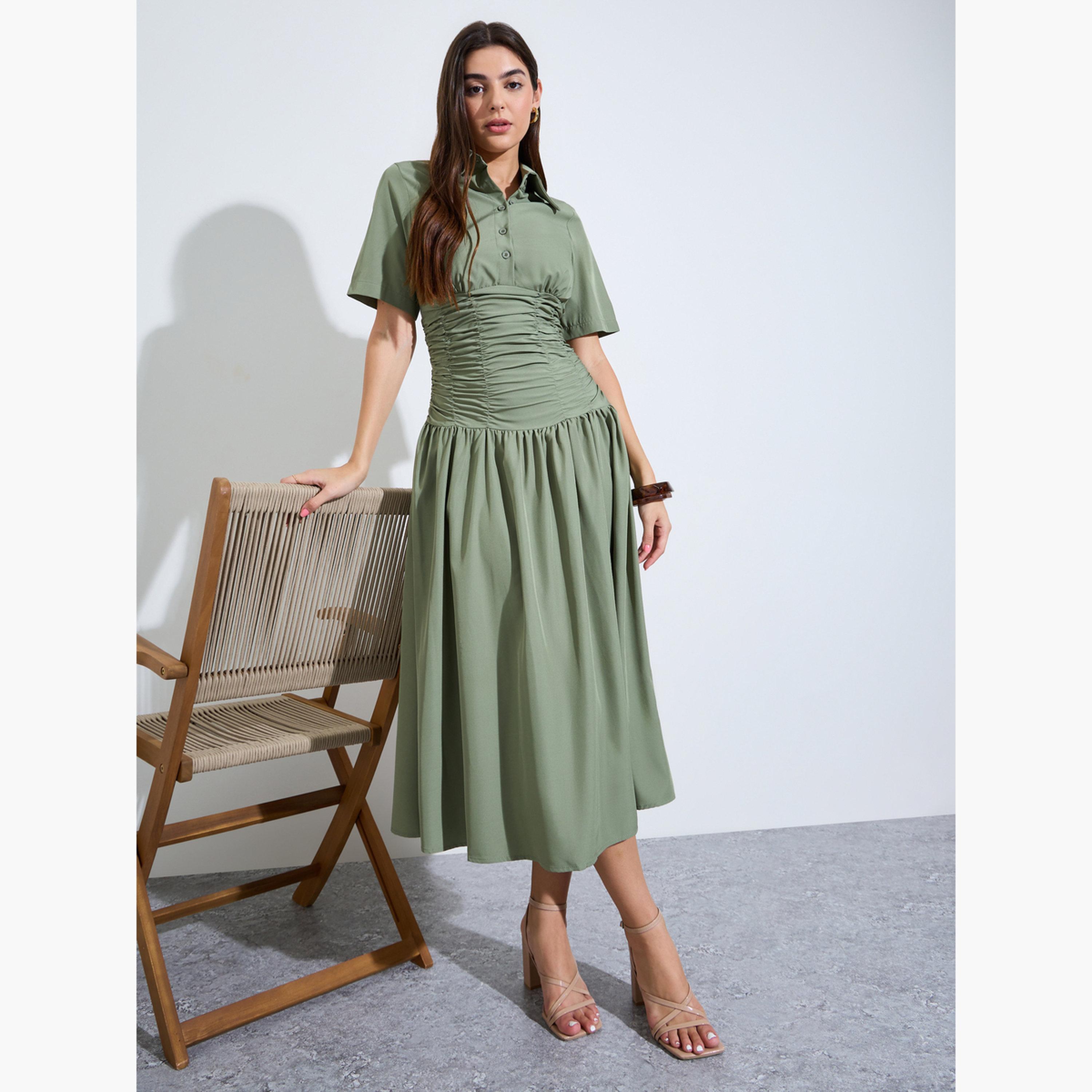 Styli Green Gathered Casual Shirt Midi Dress-women-clothing-dresses-image-3