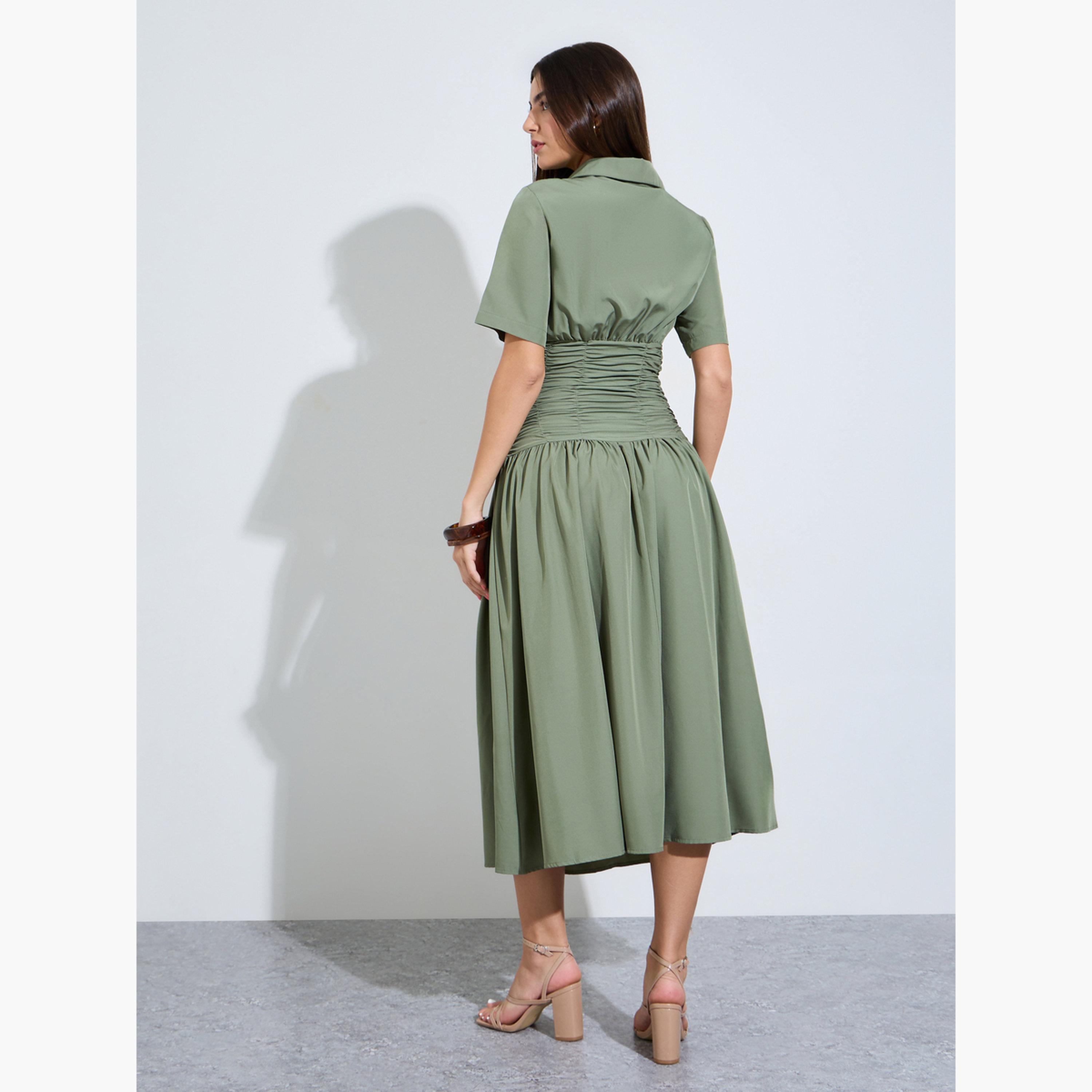 Styli Green Gathered Casual Shirt Midi Dress-women-clothing-dresses-image-4