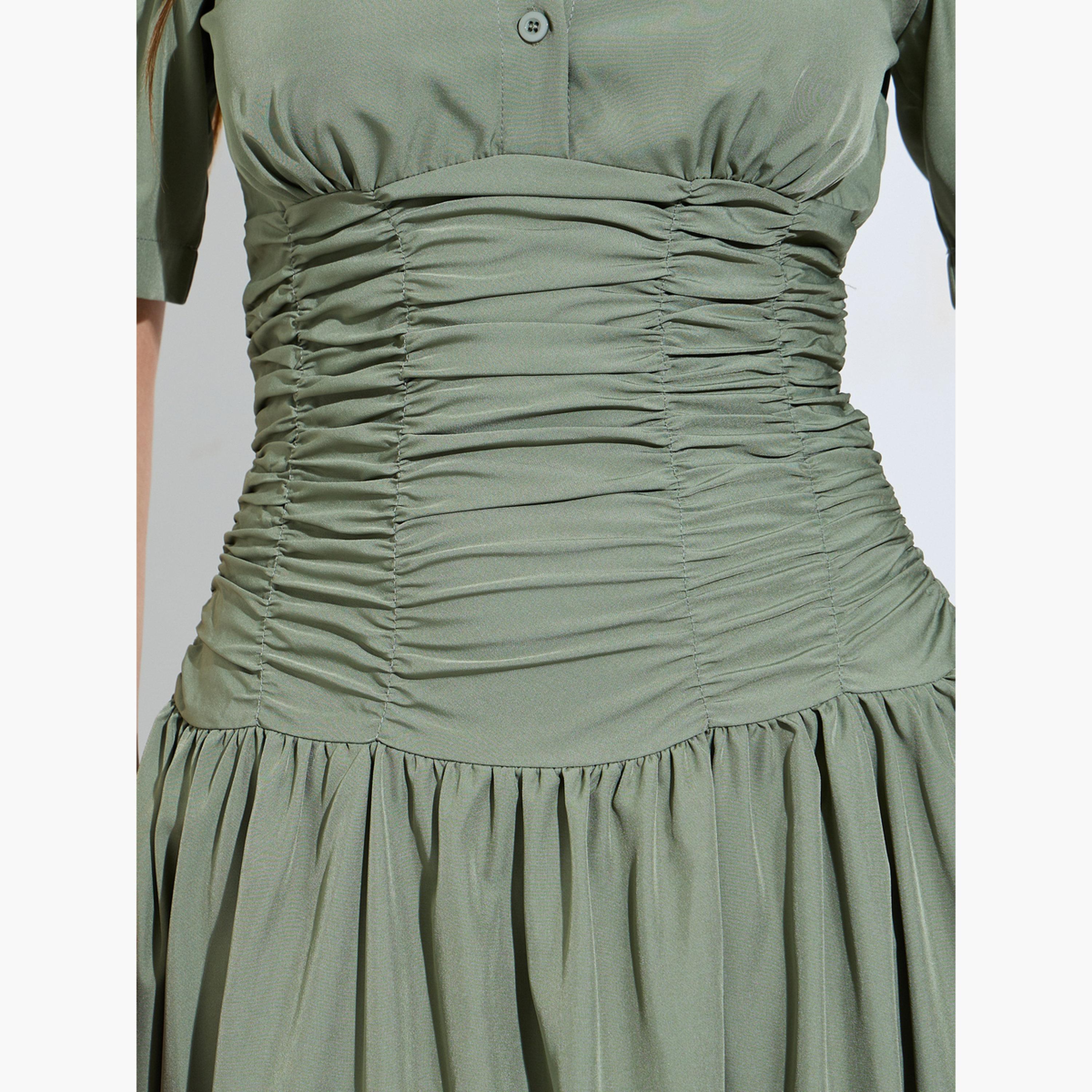 Styli Green Gathered Casual Shirt Midi Dress-women-clothing-dresses-image-5