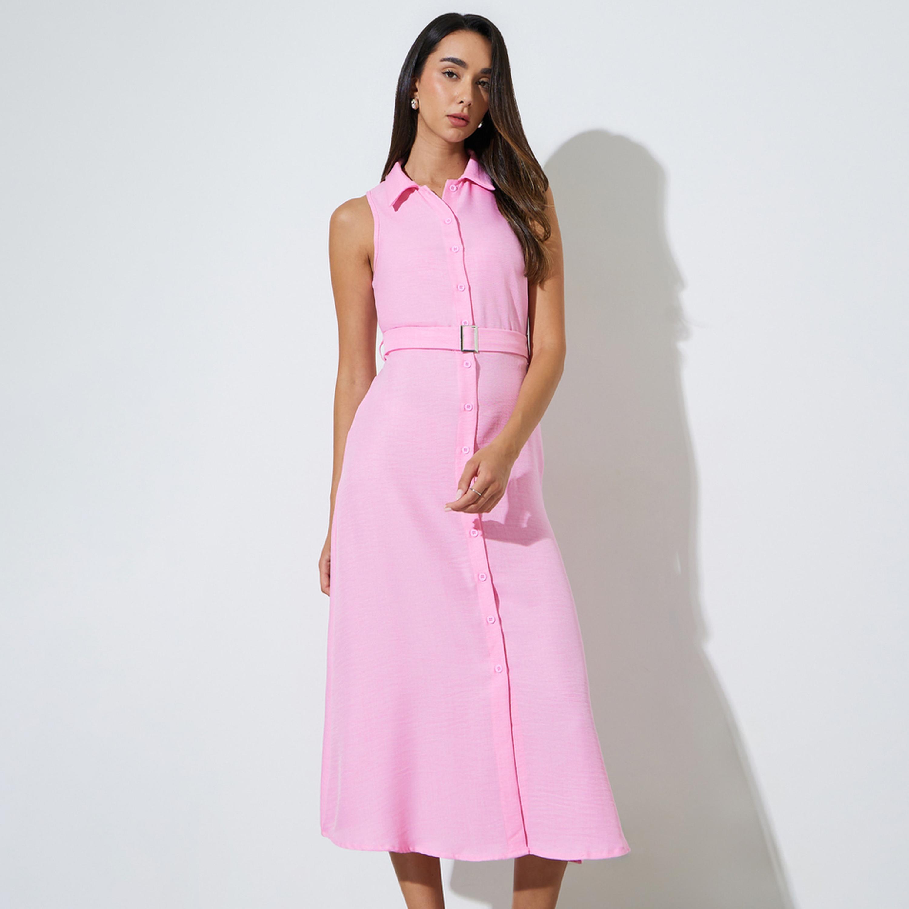 فستان ميدي قميص بلا أكمام مع حزام-women-clothing-dresses-image-1