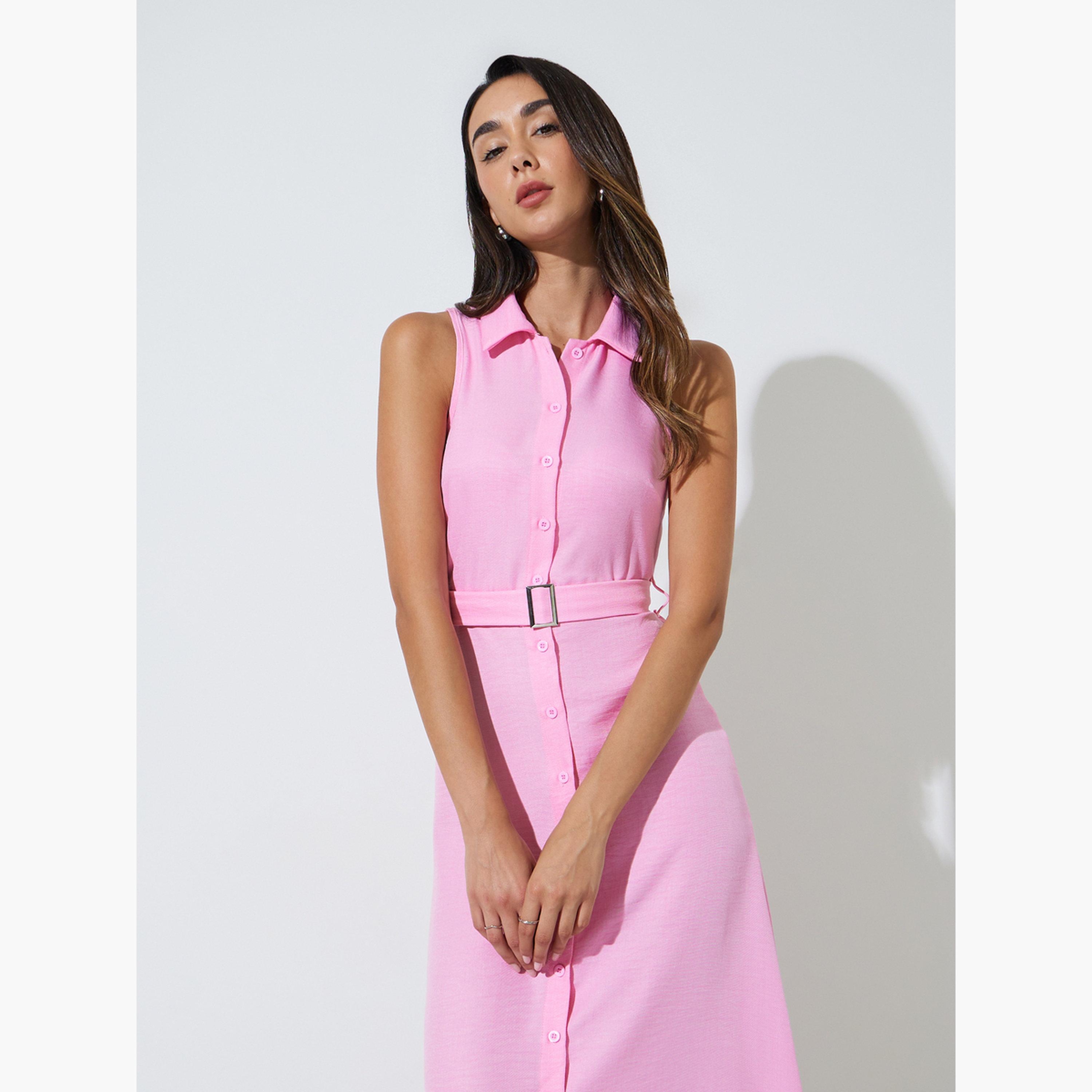Styli Pink Sleeveless Belted Shirt Midi Dress-women-clothing-dresses-image-3