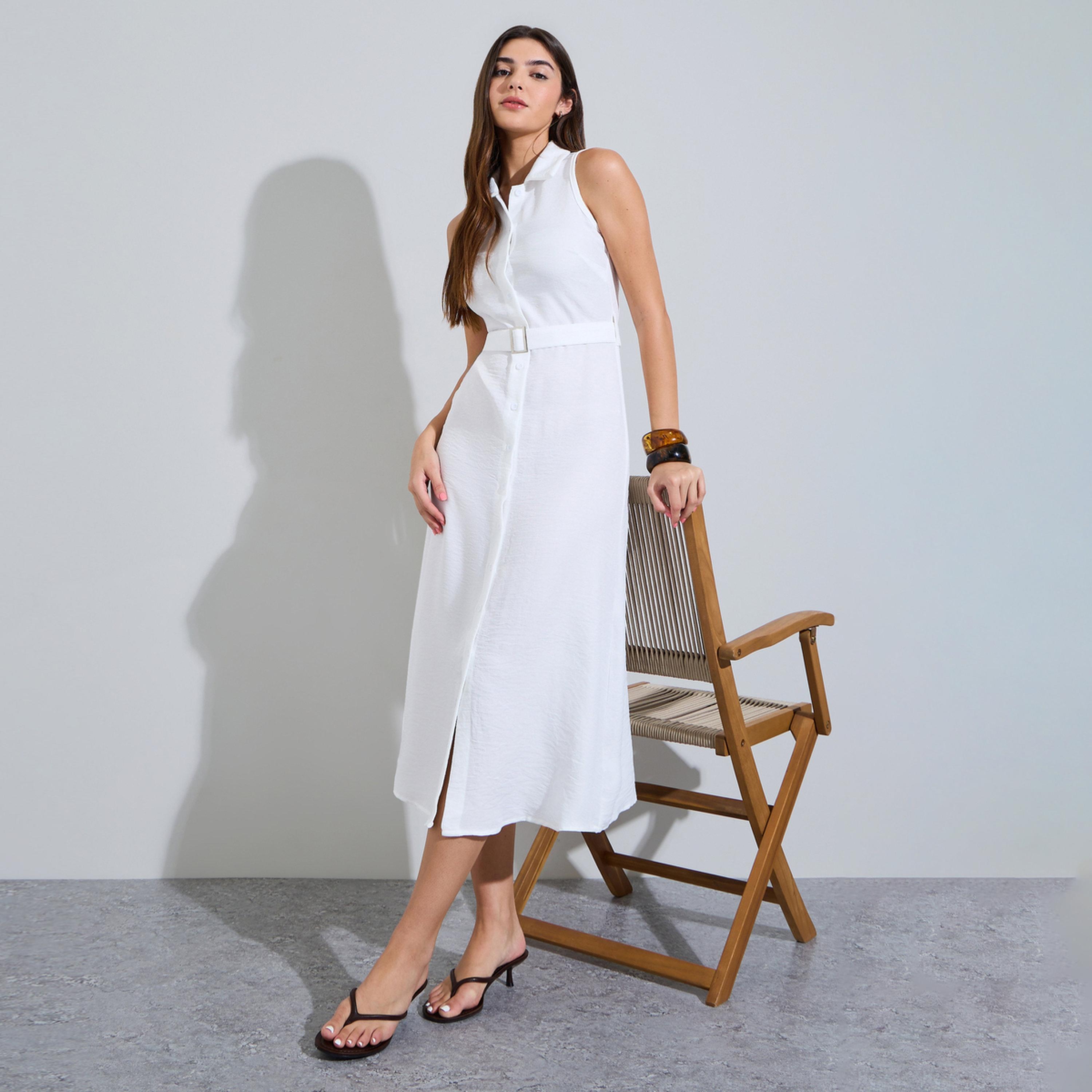 Styli White Sleeveless Belted Shirt Midi Dress-women-clothing-dresses-image-1