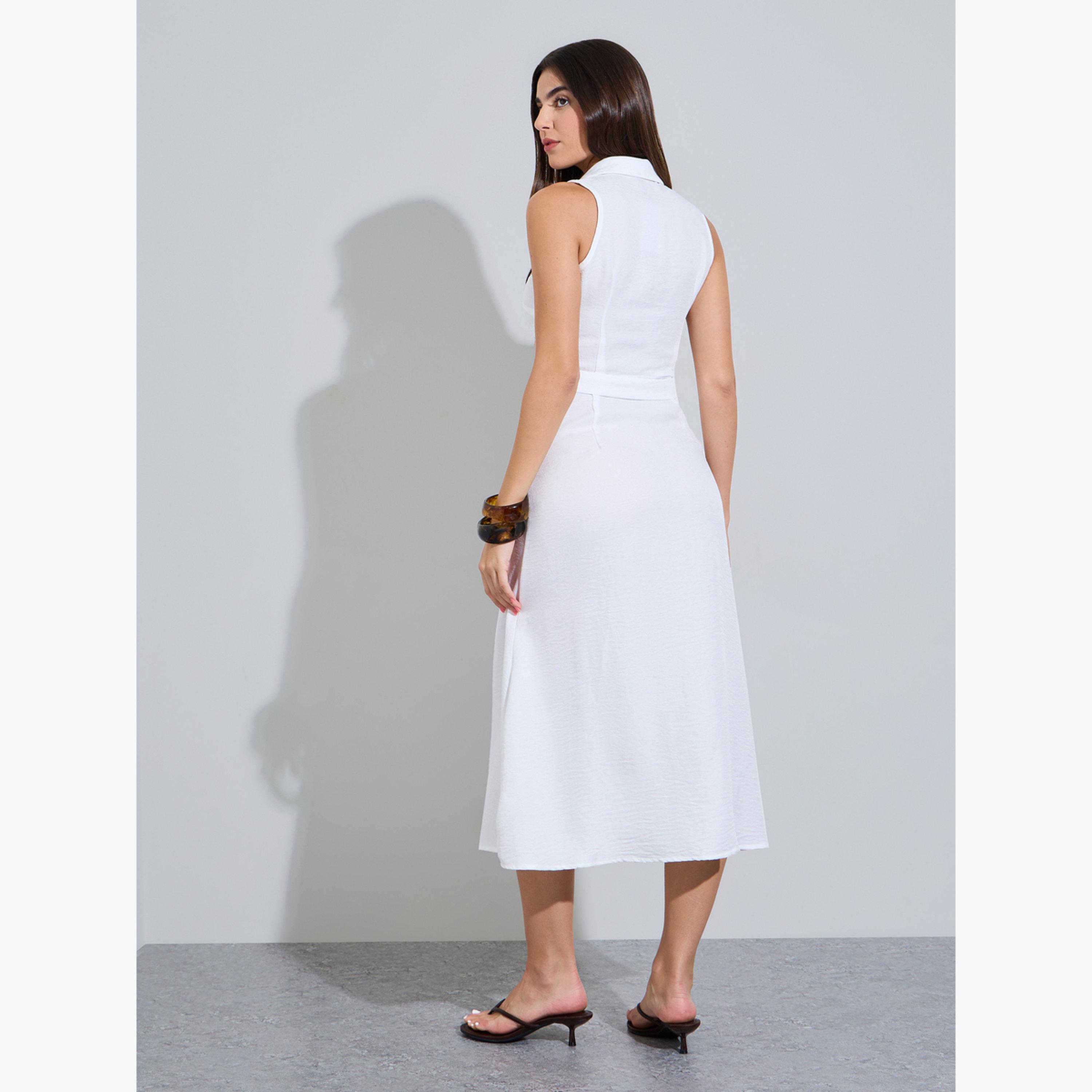 Styli White Sleeveless Belted Shirt Midi Dress-women-clothing-dresses-image-4