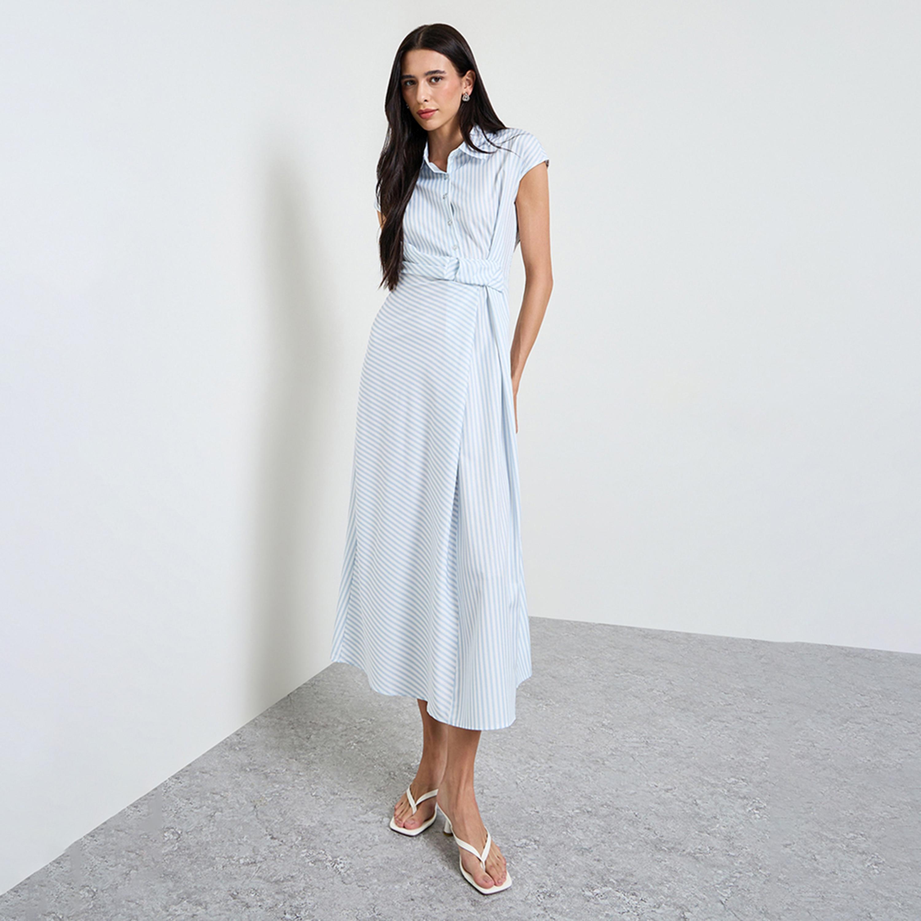 فستان ميدي بنمط قميص ومخطط-women-clothing-dresses-image-1