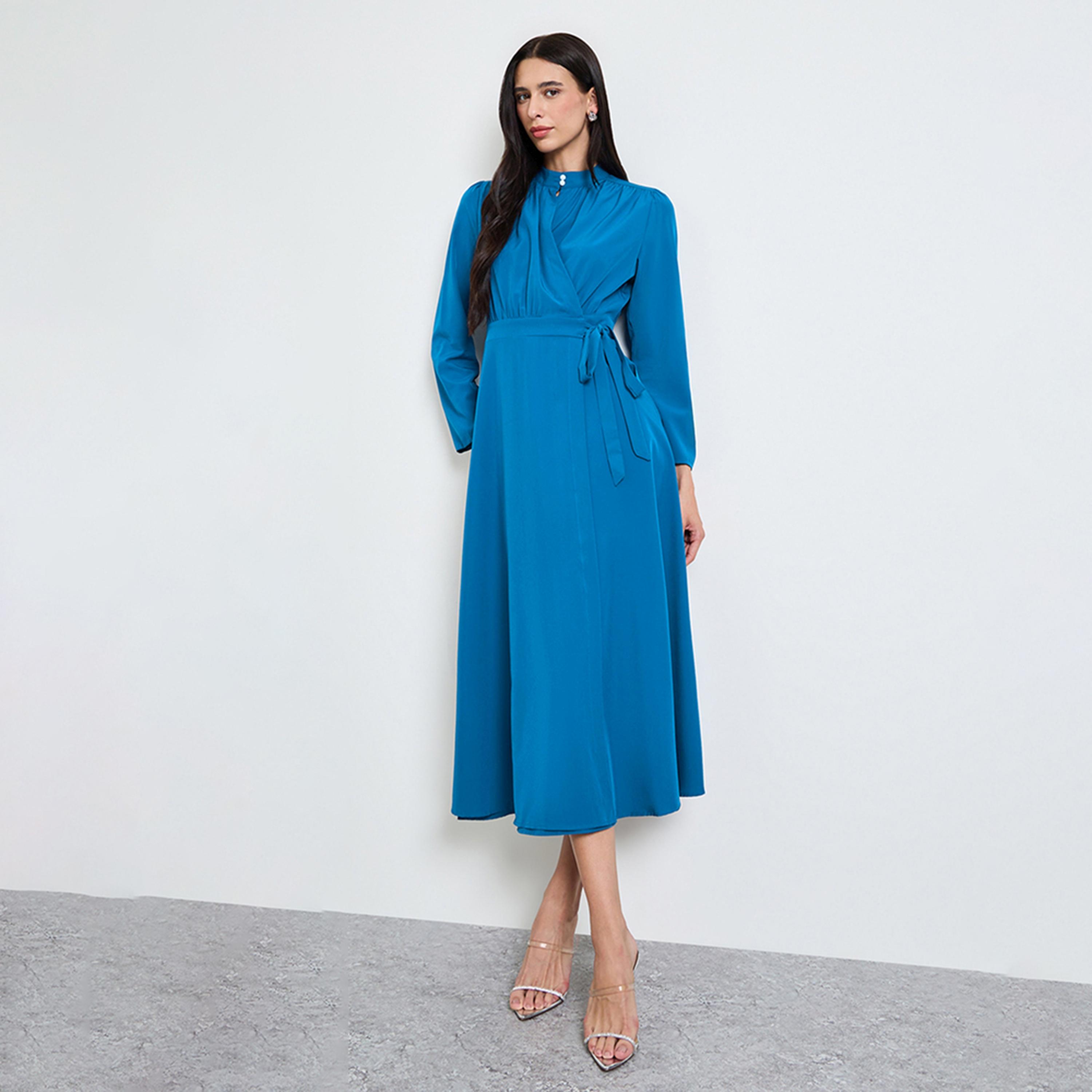 فستان ميدي بنمط لف وأكمام طويلة-women-clothing-dresses-image-1