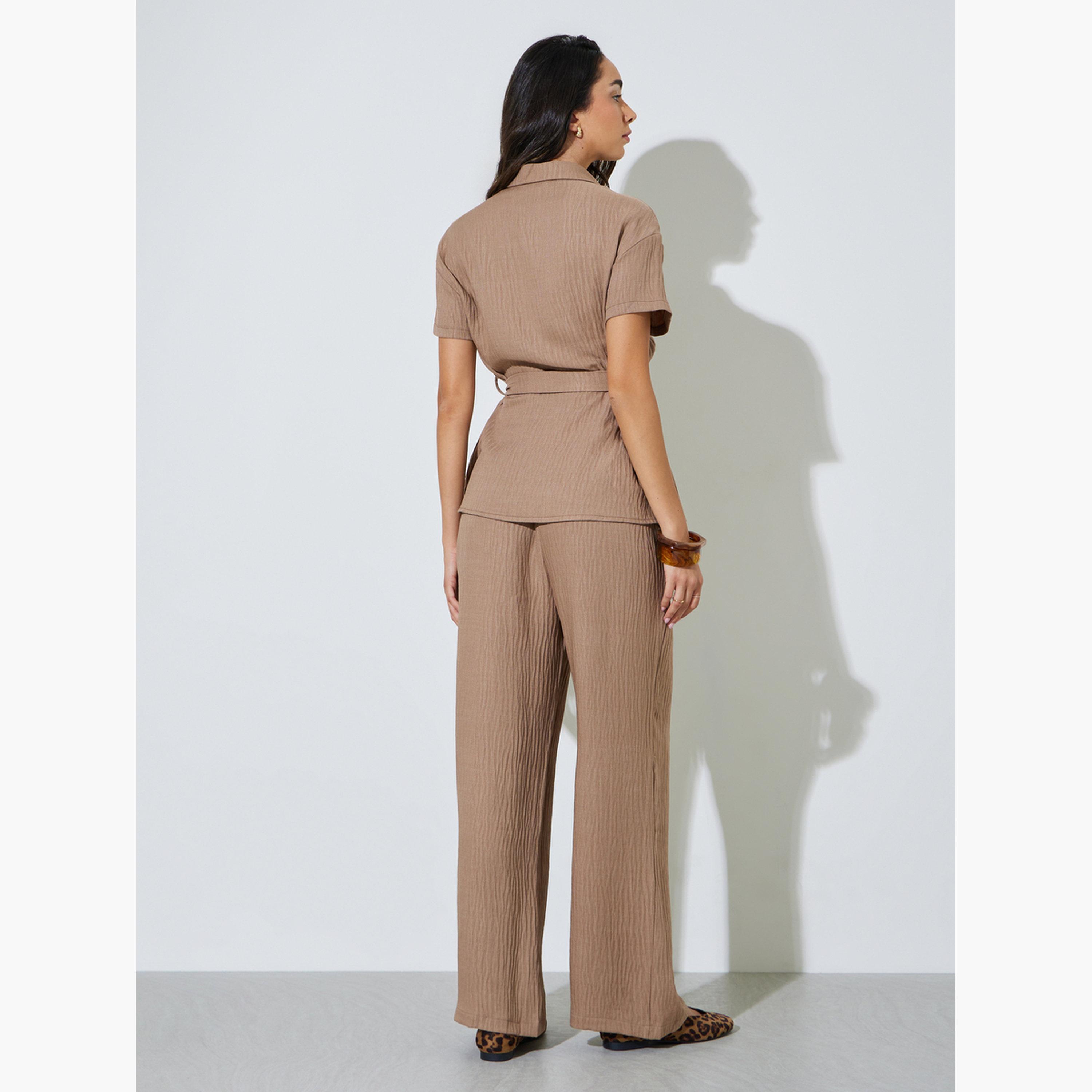 طقم منسق من بنطال وقميص مجعد بحزام ربط-women-clothing-coordsets-image-3