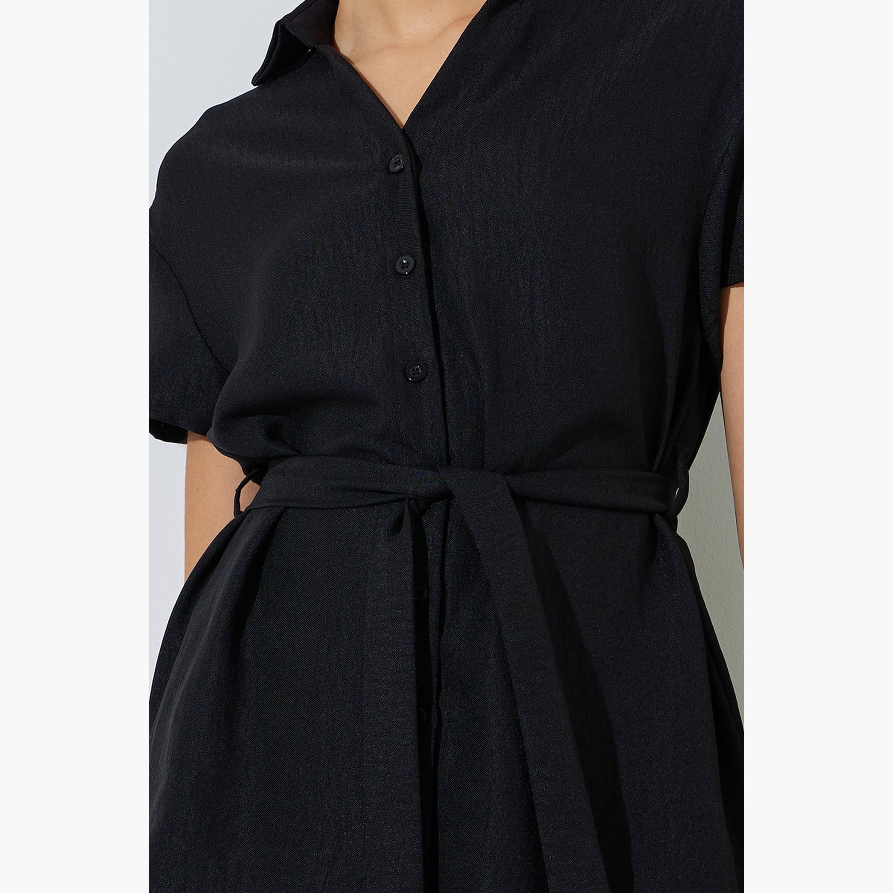 ستايلي - طقم مكون من بلوزة سوداء سادة بأكمام قصيرة مع حزام وبنطال واسع الساقين-women-clothing-coordsets-image-5