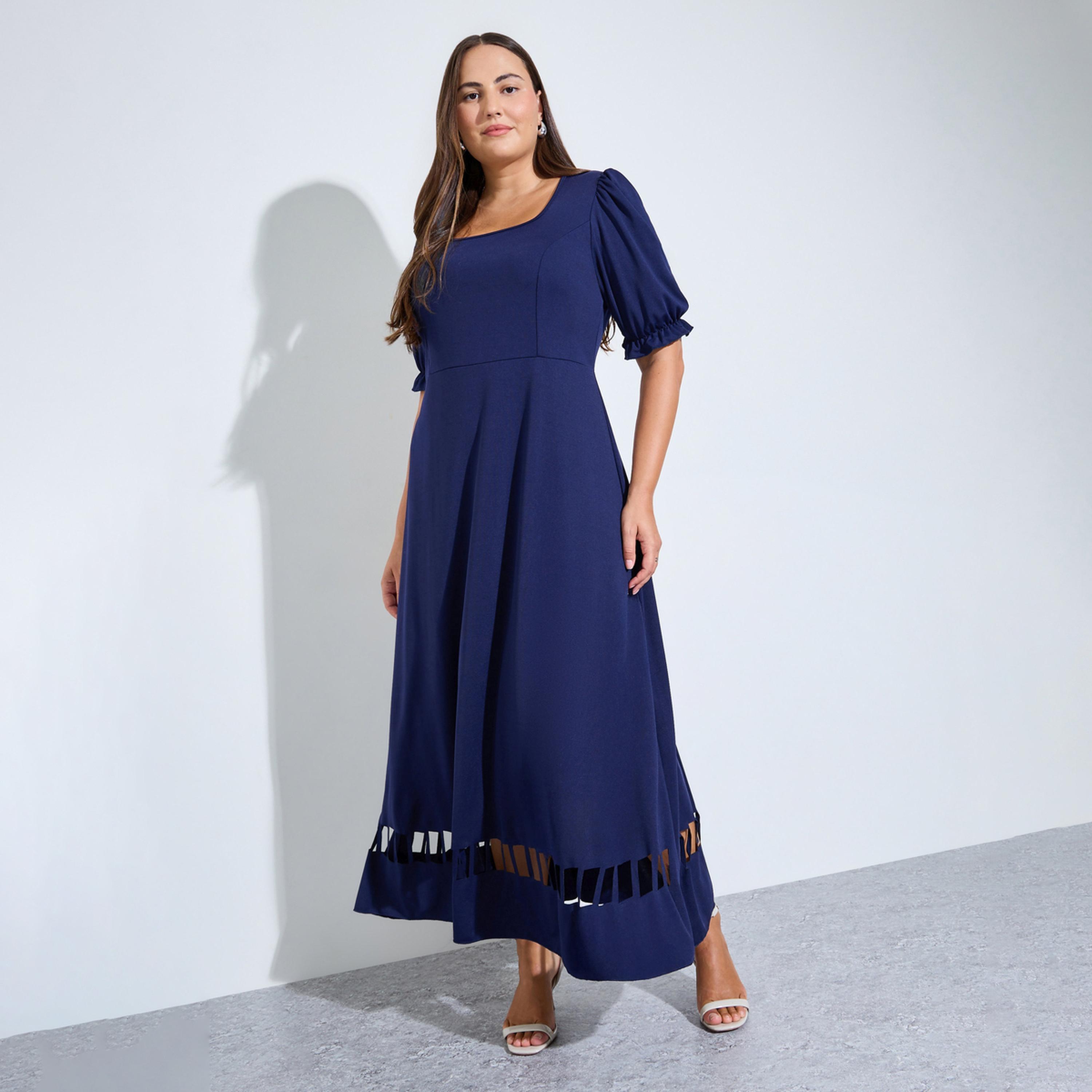 Styli Plus Size Navy Blue Puff Sleeves A-Line Maxi Dress-women-clothing-dresses-image-1