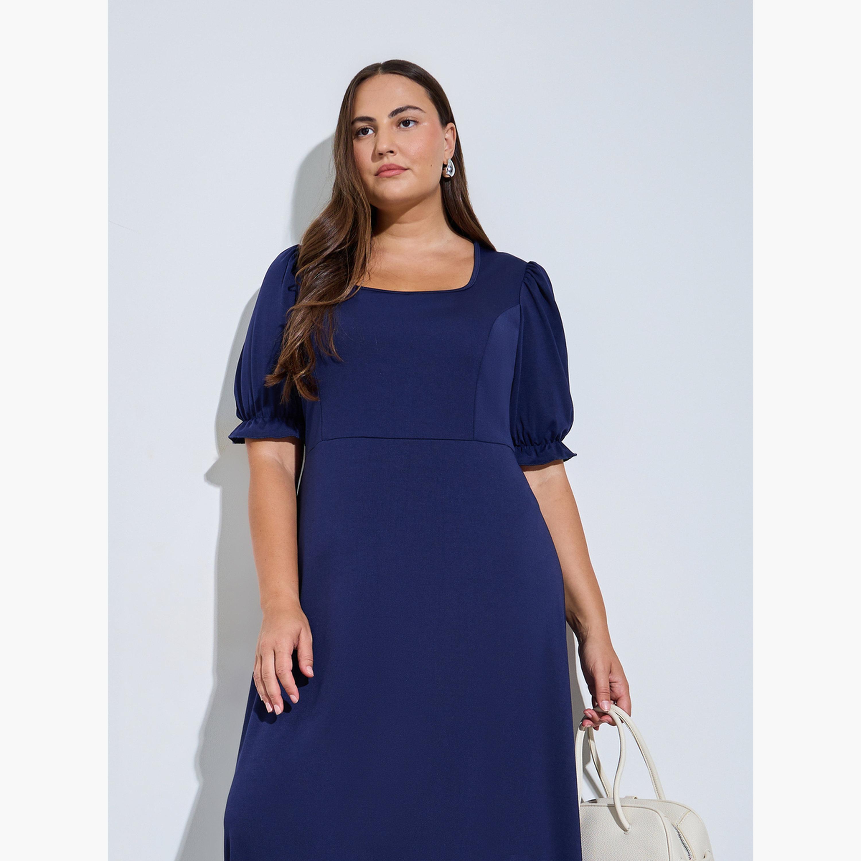 Styli Plus Size Navy Blue Puff Sleeves A-Line Maxi Dress-women-clothing-dresses-image-2
