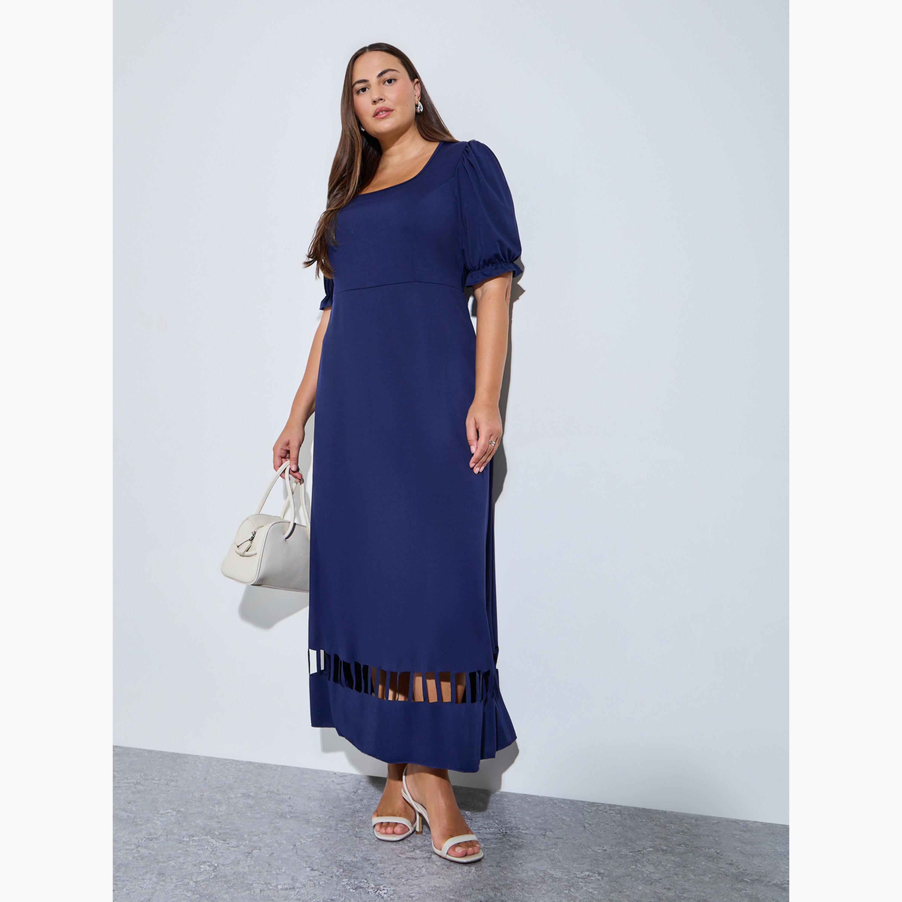 Styli Plus Size Navy Blue Puff Sleeves A-Line Maxi Dress-women-clothing-dresses-image-3