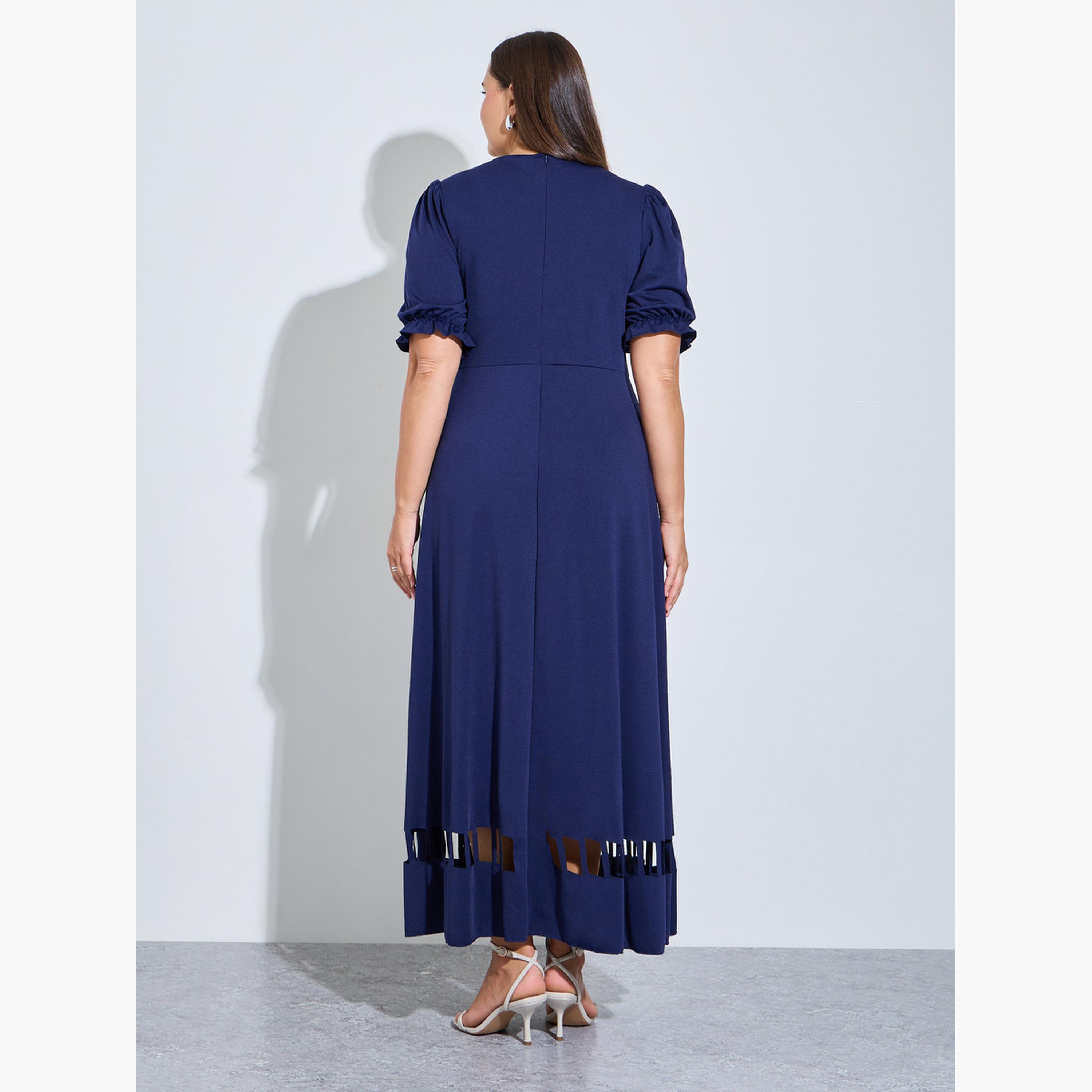 Styli Plus Size Navy Blue Puff Sleeves A-Line Maxi Dress-women-clothing-dresses-image-4