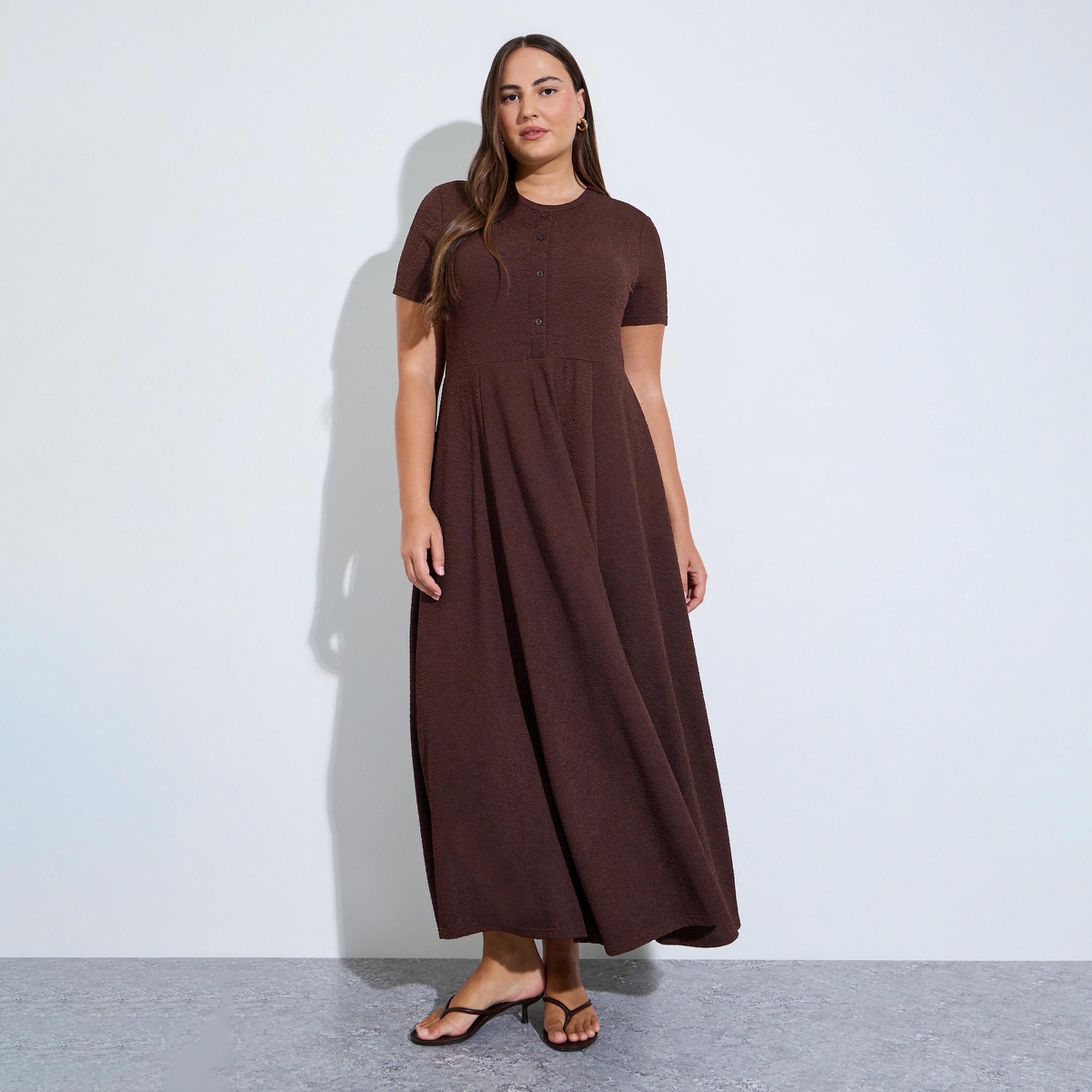 Styli Plus Size Brown Textured A-Line Maxi Dress-women-clothing-dresses-image-1